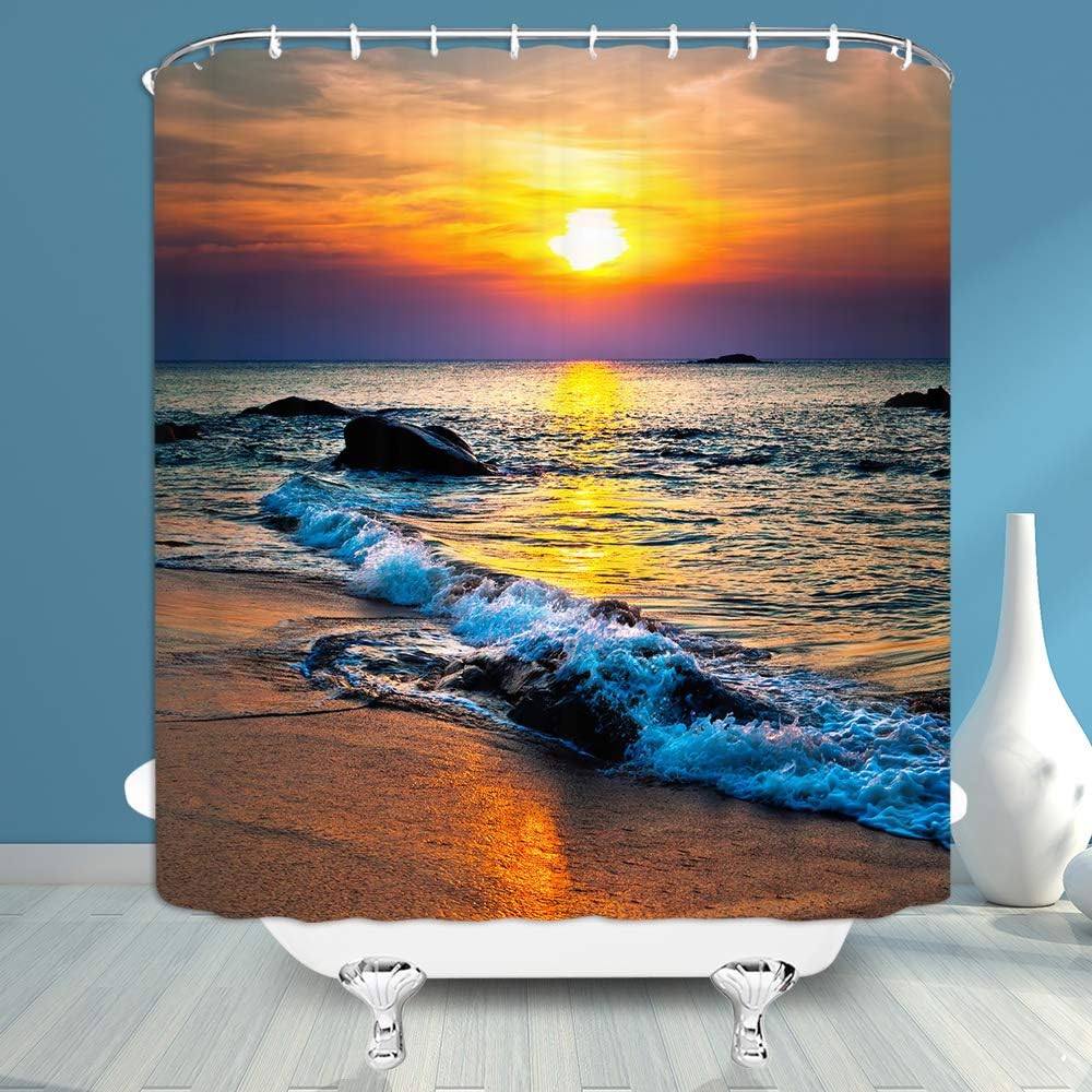 Ocean Beach Sunset Shower Curtain Sea Seaside Waves Tropical Orange Sky Sunrise Romantic Coastal Exotic Nature Scenery Landscape Fabric Bathroom Curtain with Hooks