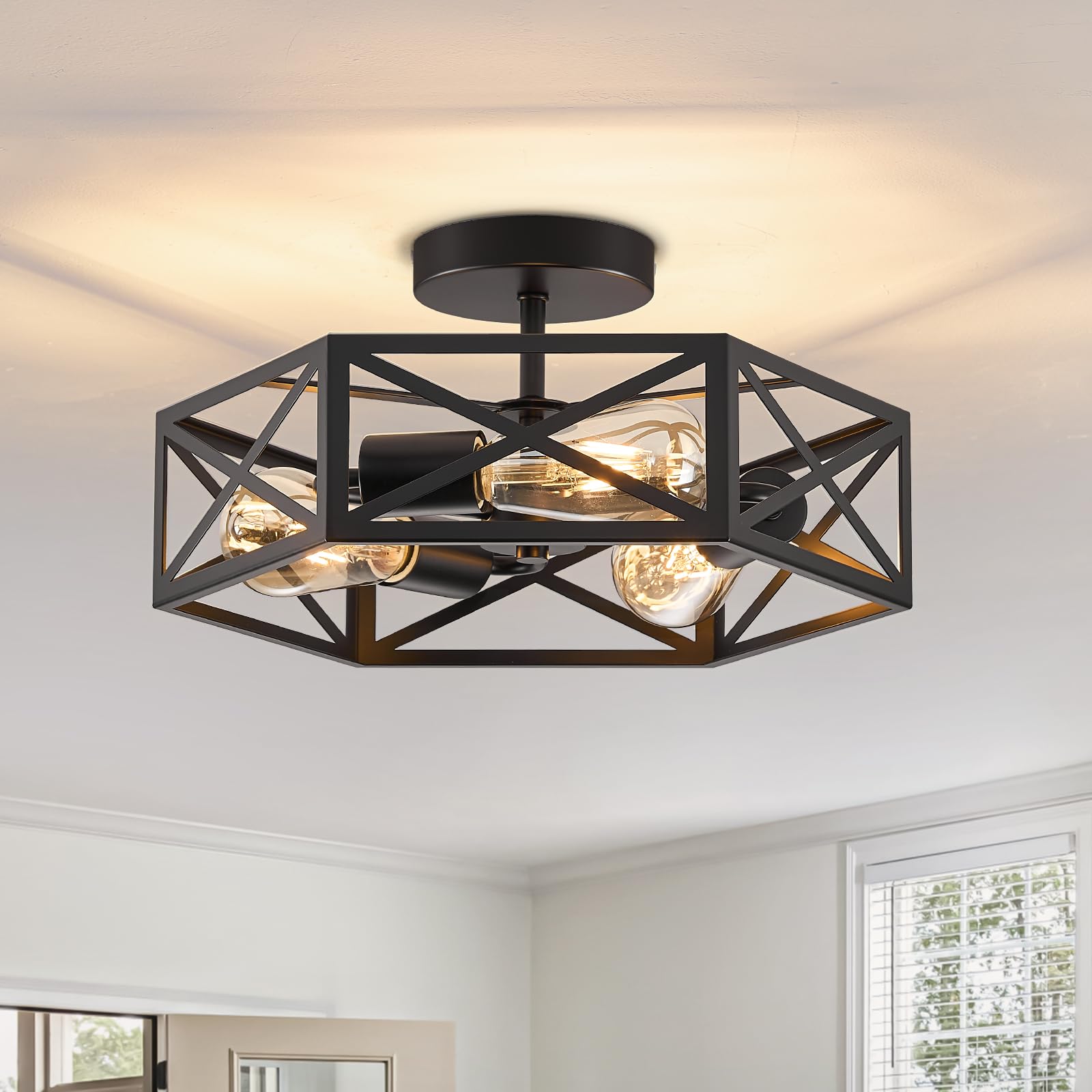 Qamra Deckenlampe Vintage Schwarz 3-flammig E27 Industrial Deckenleuchte Bauernhaus Metall Modern Käfig-Lichtarmatur für Küche, Flur, Schlafzimmer, Wohnzimmer, Eingangsbereich