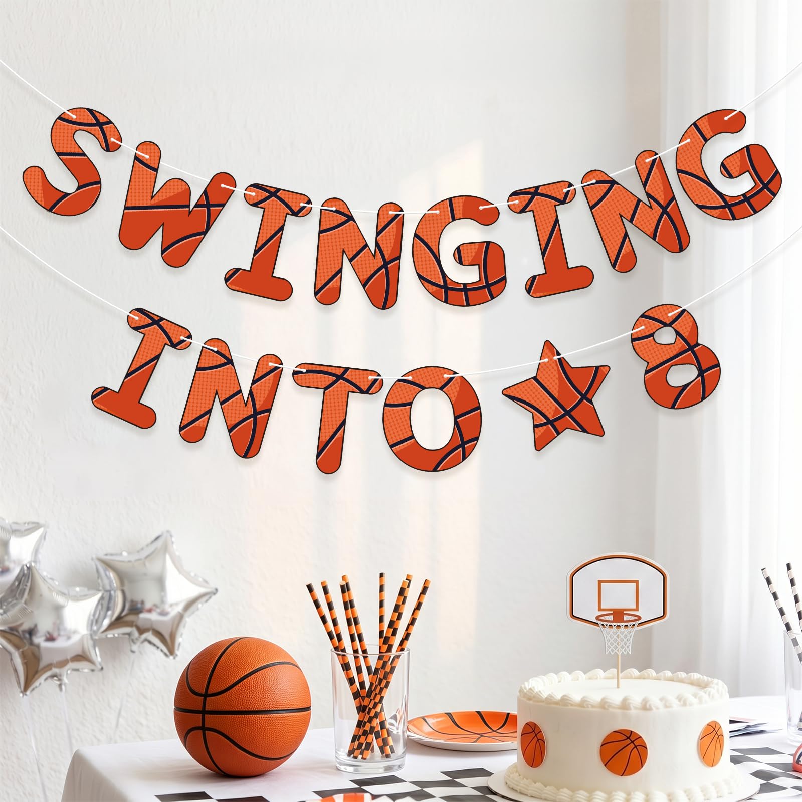 Basketball Theme 8th Birthday Banner, Pre-Strung Hanging Swinging Into 8 Party Decorations Banners for Boys Girls Indoor Outdoor Celebration Supplies