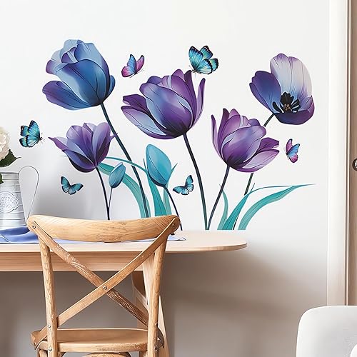 Miniatura 2 de Calcomanías de pared de mariposa con tinta azul y morado, diseño floral de sacinora para bricolaje, vinilo extraíble para despegar y pegar para sala