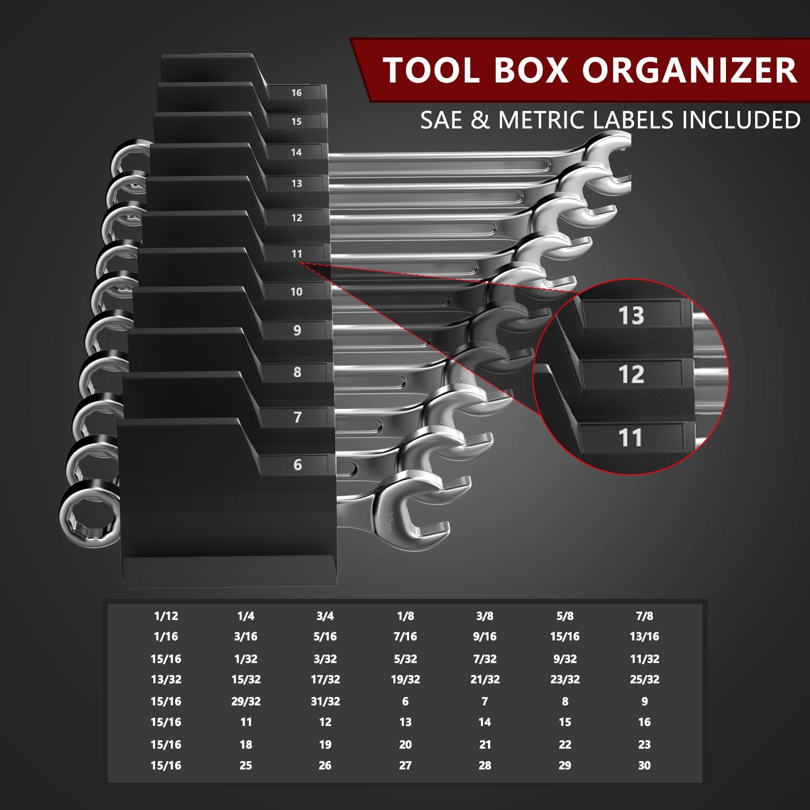 20PCS Wrench Organizer Modular with Label, Magnetic Wrench Organizer for Tool Box Drawer, (Black with Box)
