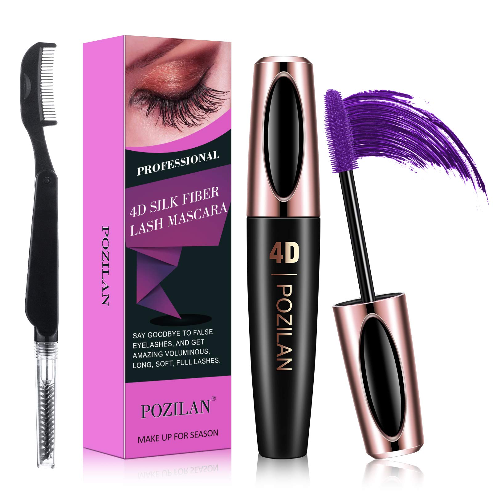 4D Silk Fiber Lash Mascara Waterproof Purple with Folding Eyelash Comb Brush - Lengthening, Volumizing, Long-Lasting, Natu...