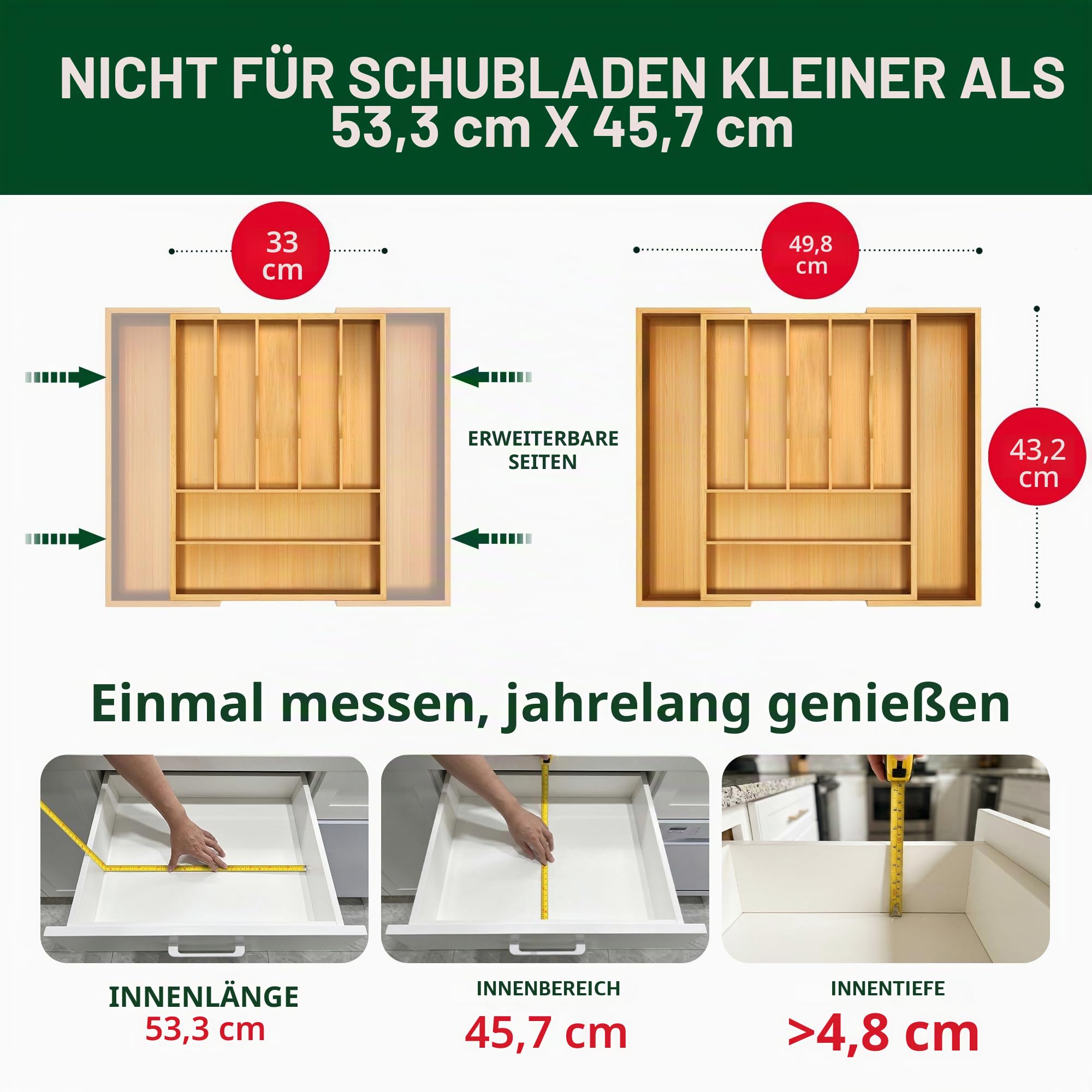 Luxuriöser Bambus-Küchen-Schubladen-Organizer – Besteck-Organizer – Utensilienhalter und Besteckkasten mit gerillten Schubladenteilern für Besteck und Küchenutensilien (9 Fächer, natur)