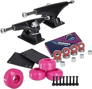 Cal 7 Skateboard Package | Complete Combo Set with 139 Millimeter / 5.25 Inch Aluminum Trucks, 52mm 99A Wheels & Bearings (Black Truck + Pink Wheels)
