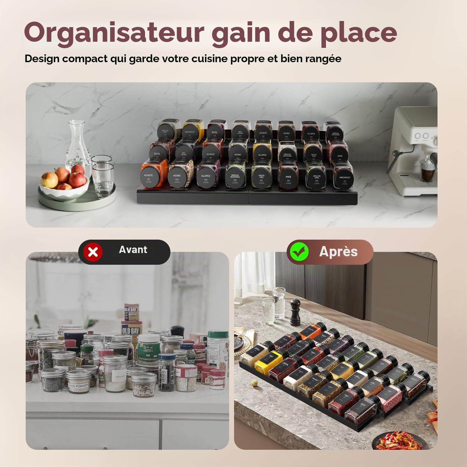 Rangement Epices Tiroir, 24 pièces A Epices De 120 Ml, Organisateur Porte Épices pour Tiroirs De 30 À 60 cm de Cuisine, Couvercle À Tamis, Étiquette, Entonnoir Et Brosse De Nettoyage, Forte Étanchéité
