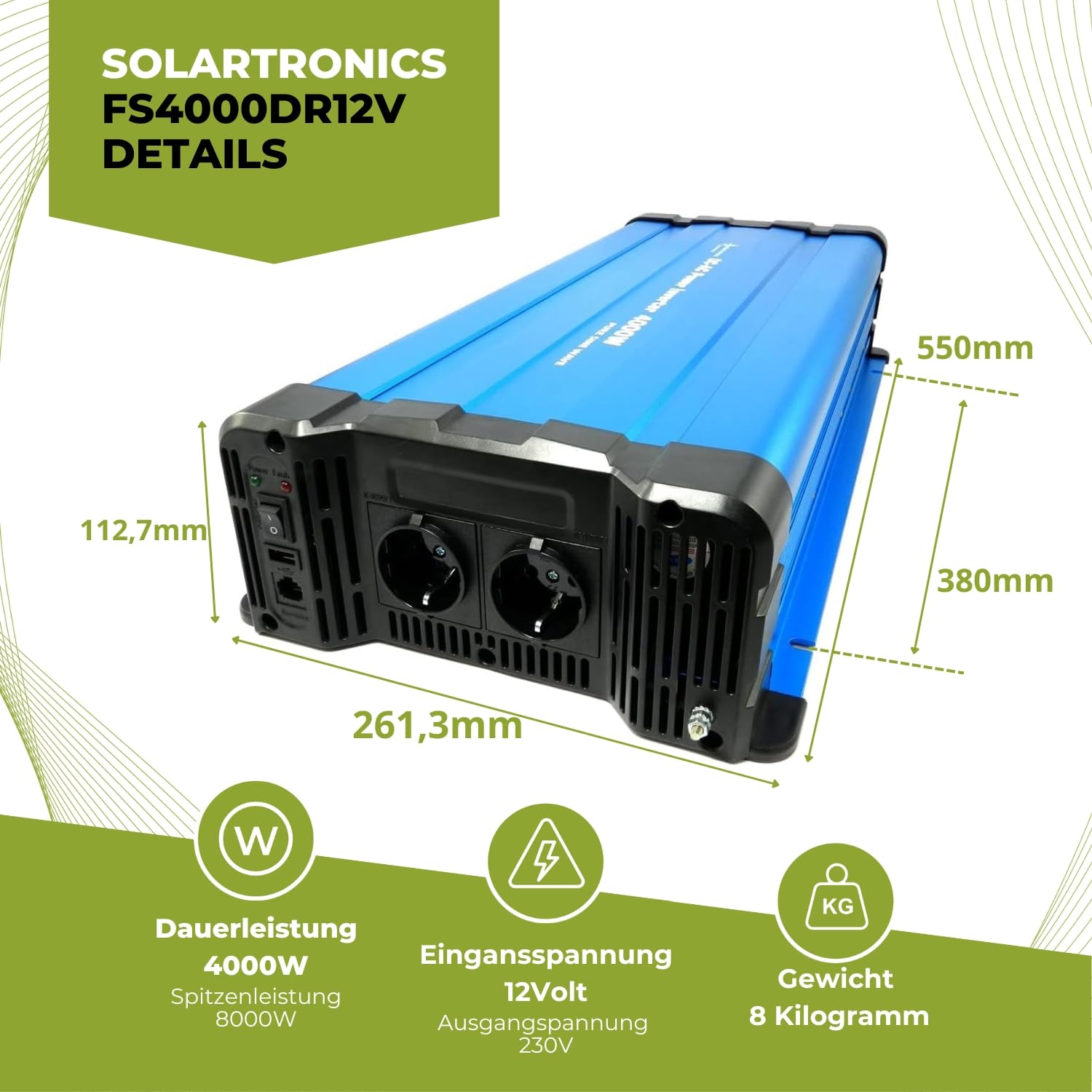solartronics FS4000DR przetwornica napięcia 12 V 230 V 4000 W, czysty sinusoidalny falownik solarny USB z pilotem zdalnego sterowania CRW88