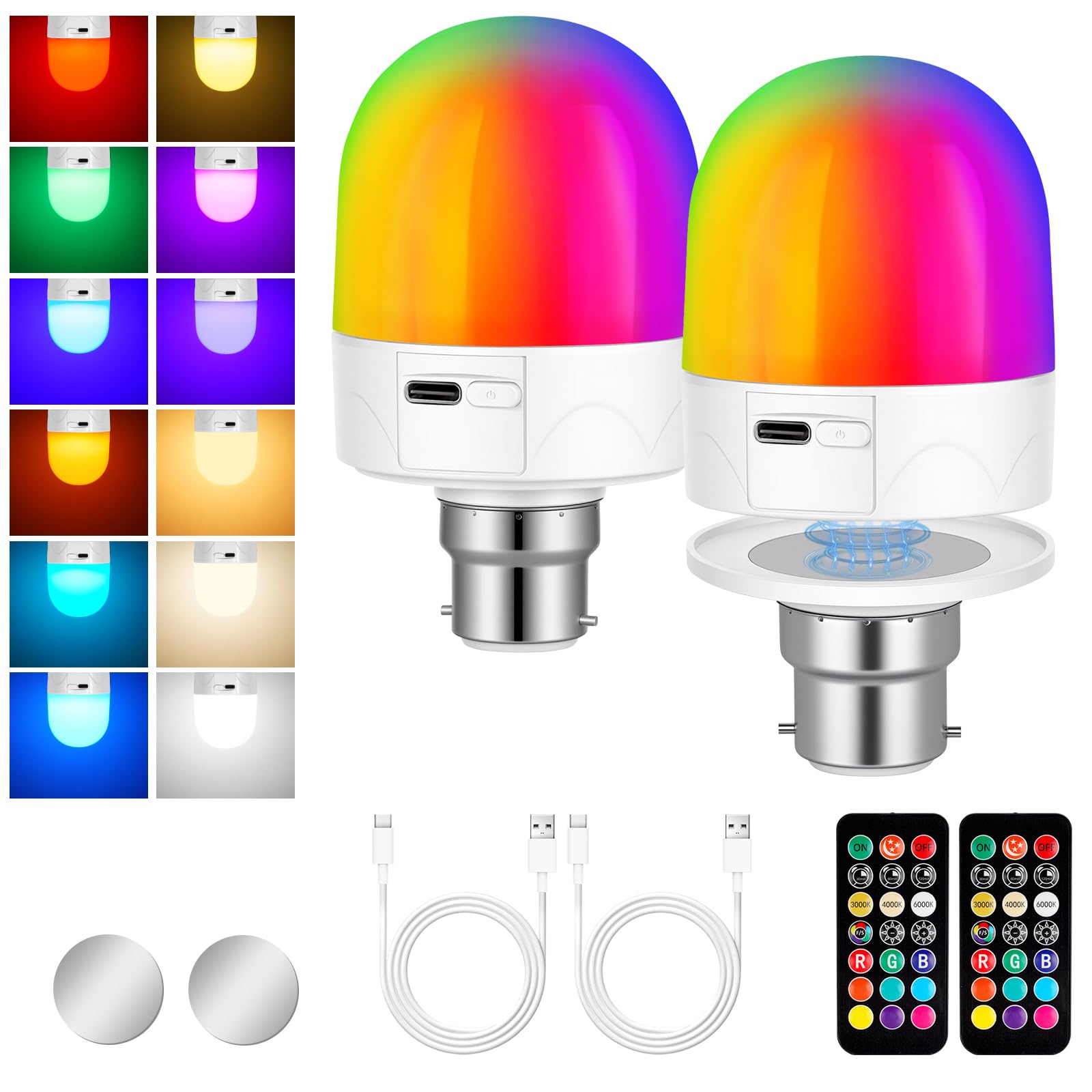 AUAUY B22 Wiederaufladbare Glühbirne mit Fernbedienung, 3W Akku-Glühbirne mit Abnehmbarem Magnetsockel, 9 RGB-Farben, 3 Farbtemperaturen Dimmbar und Zeitgesteuert für Schlafzimmer, Camping(2 Pack)