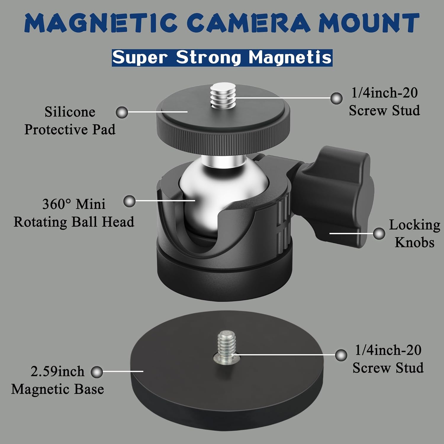 ULIBERMAGNET Black Magnetic Camera Mount, Strong Magnetic Mount with 360° Rotation Ball Head,