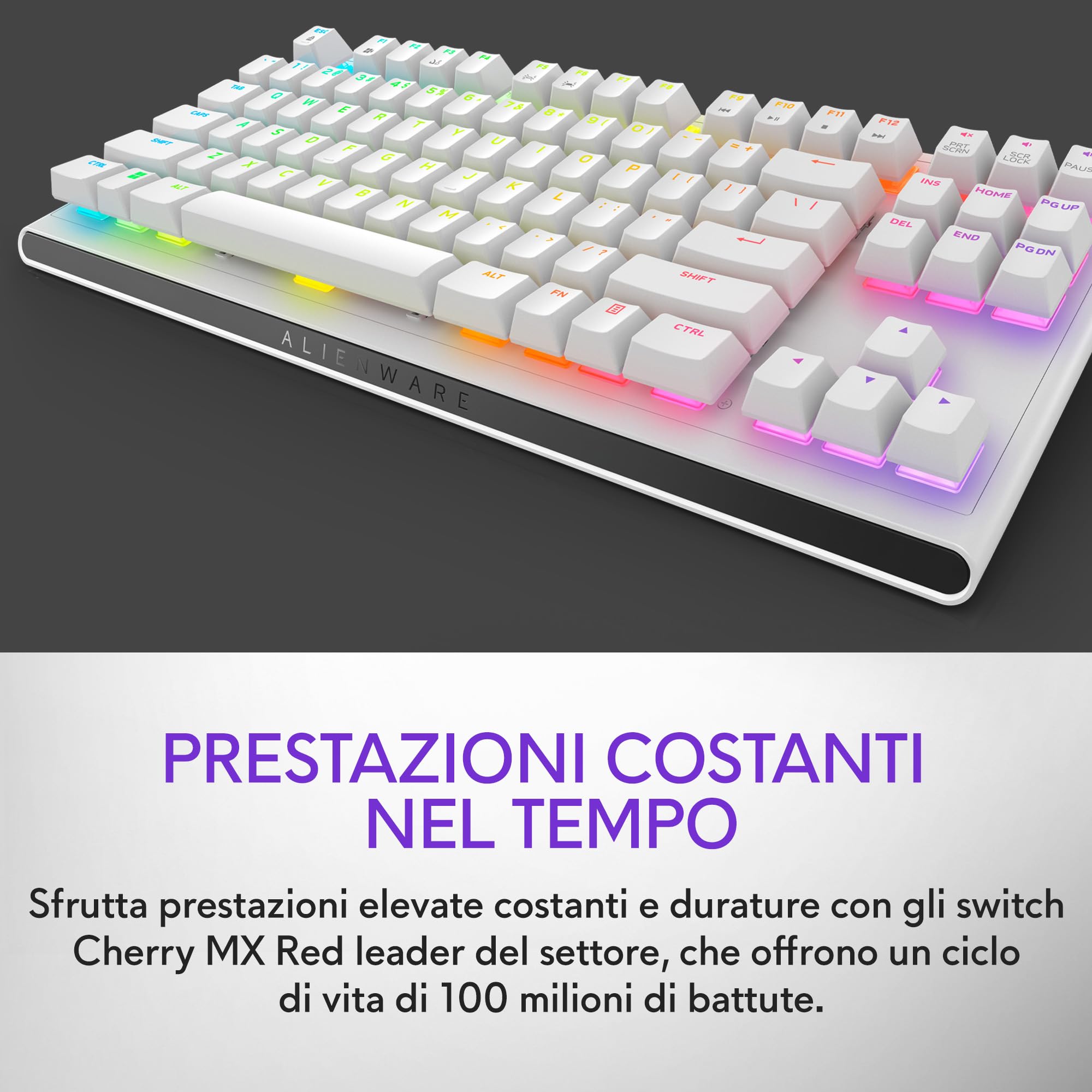 Alienware AW420K Tastiera Gaming senza Tastierino Numerico, Design Compatto, Switch CHERRY MX Red, USB, Anti-Ghosting, N-Key Rollover, Retroilluminazione AlienFX RGB, Tastiera Italiana - Lunar Light