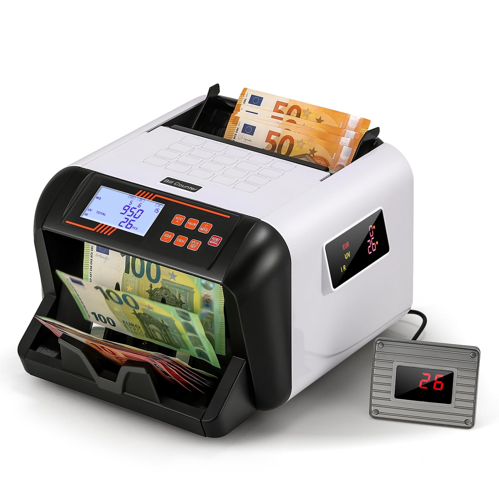 Bonvoisin Geldzählmaschine, Wertzählung für gemischte Euro-Banknoten mit UV/MG/IR-Fälschungserkennung, Denominationen-Sortierung, Addieren-, Batch- und Größenmodi, 3 Displays