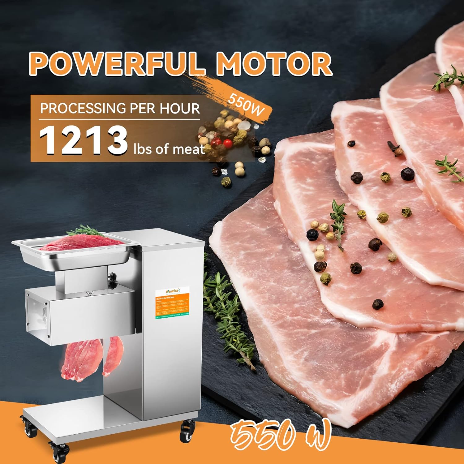 Newhai Commercial Meat Cutter Machine 550W Multifunctional Meat Cutting Machine 1213lbs/H Fully Automatic Meat Slicer for Restaurant Meat Slices Strips Cubes (5mm blade)
