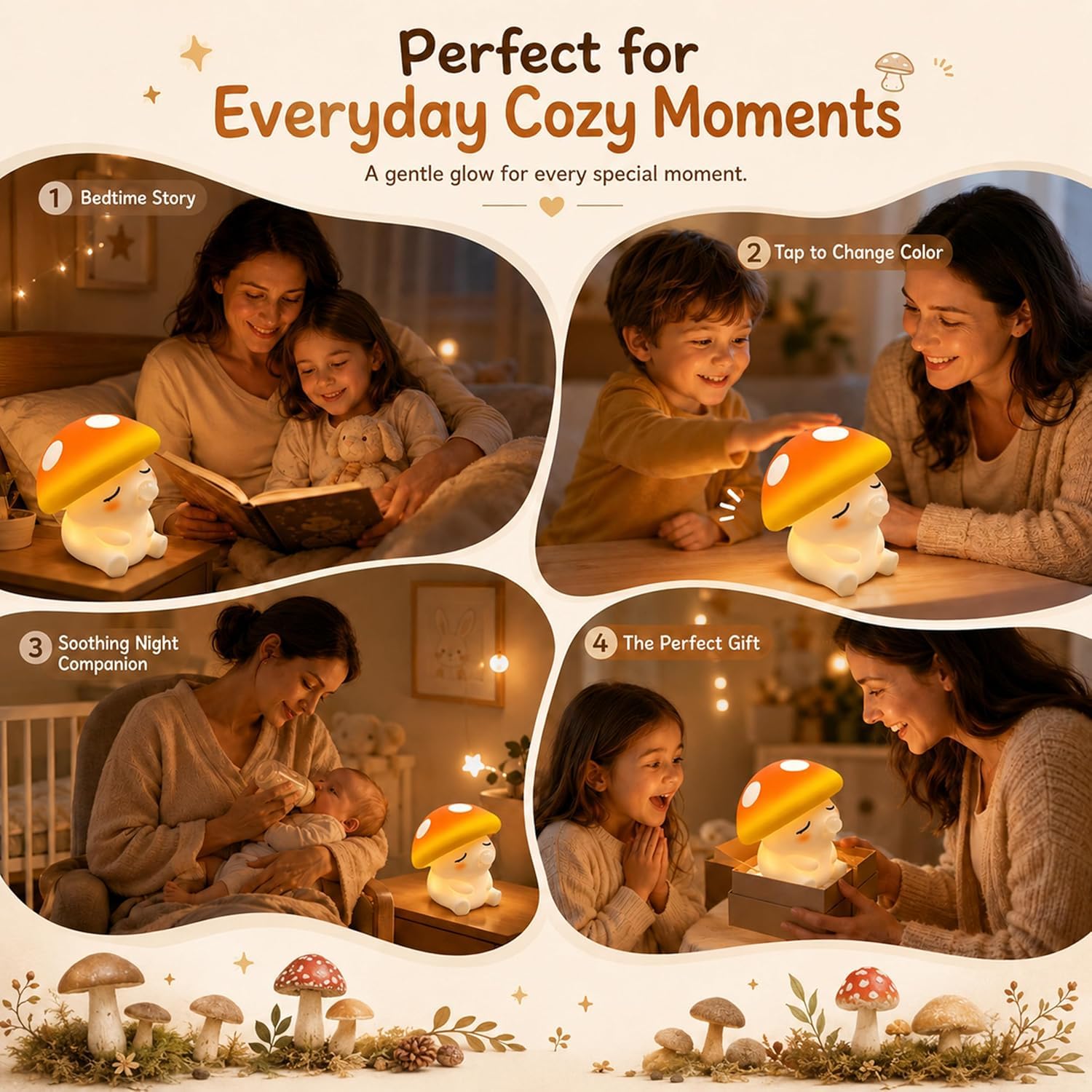 OOWOKS Lampada da notte a forma di fungo in silicone per bambini con comando touch luce bianca calda 3000K e modalità a 7 colori lampada da comodino per neonati dimmerabile lampada LED per bambini