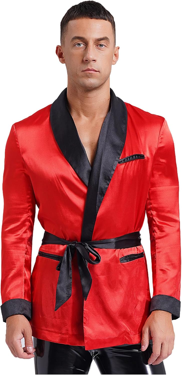 Aislor Men's Short Satin Robe Silk Robe with Belt Spa Long Sleeve House Kimono Bathrobe