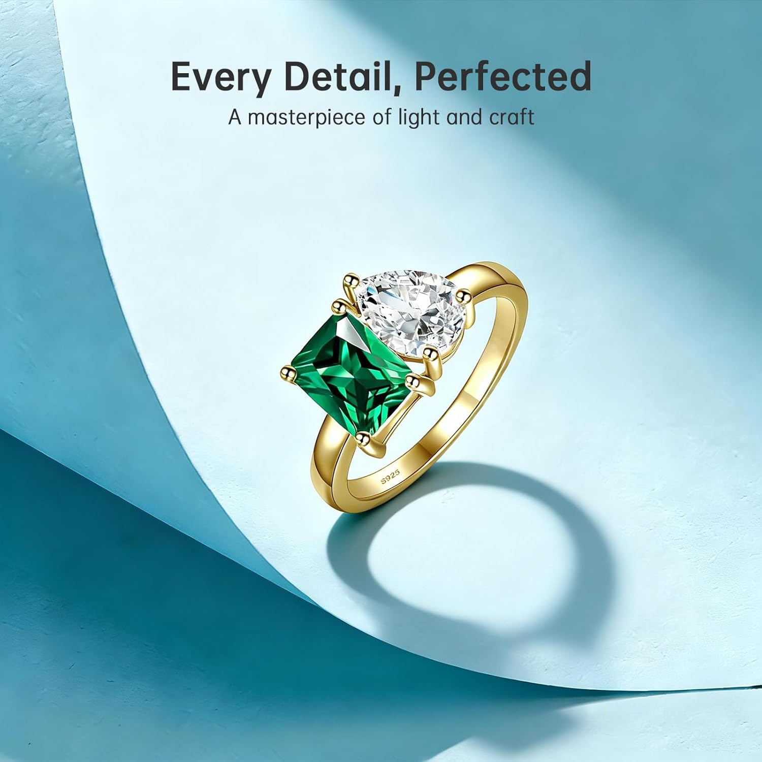 2.75ct 14K Gold Plated Toi Et Moi Women's Engagement Ring 6x8mm Pear & Emerald Cut Double Stone Ring AAAAA Cubic Zirconia 925 Sterling Silver Wedding Band Width 2mm Size 5-9 - Image 2