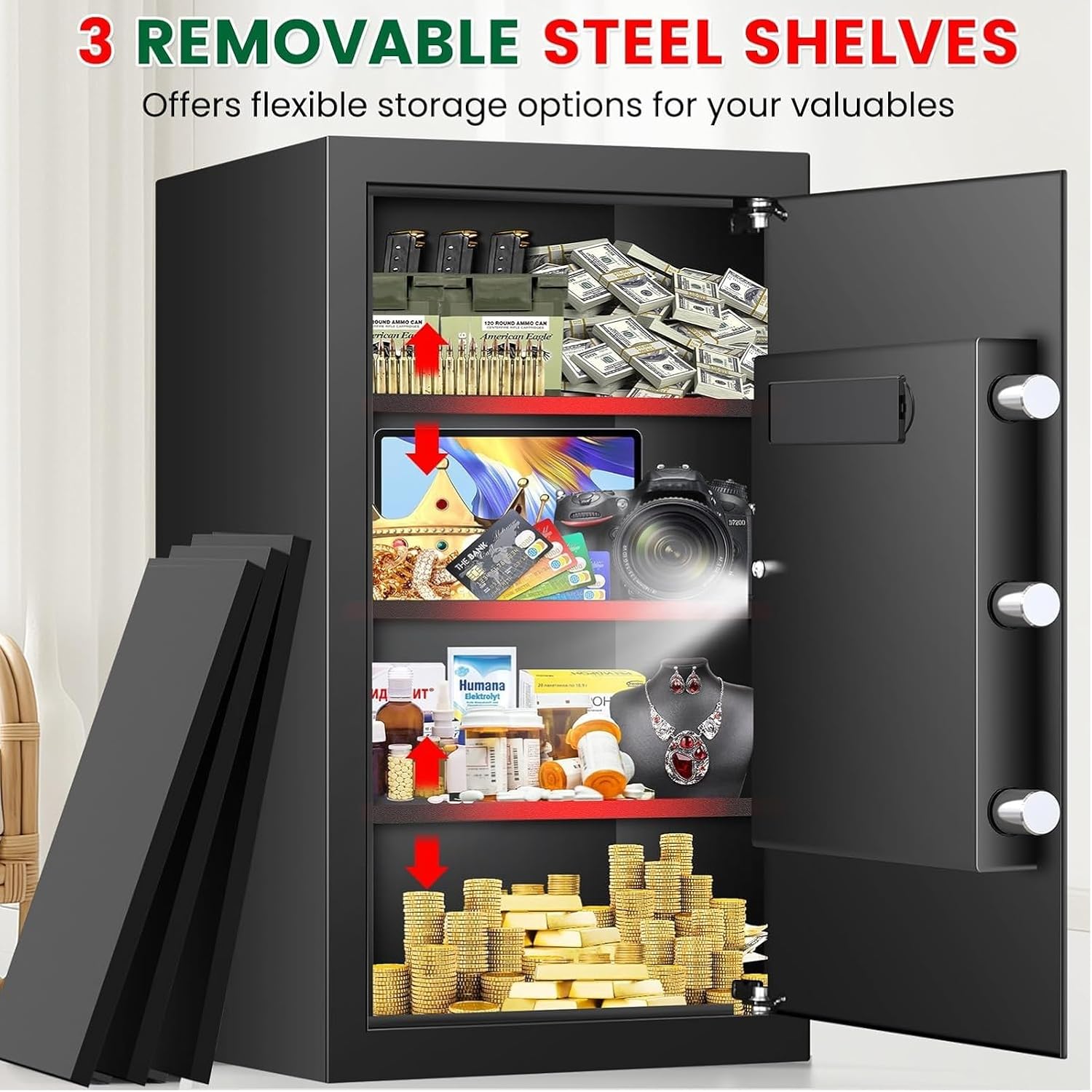 5.1 Cuft Large Home Safes Water and Fireproof with Digital Keypad & Key Lock, Fire Security Safes with 3 Removable Shelves, Anti-Pry Safe Box for Money Documents Jewelry, 23.62"H x14.96"W x 12.2"D