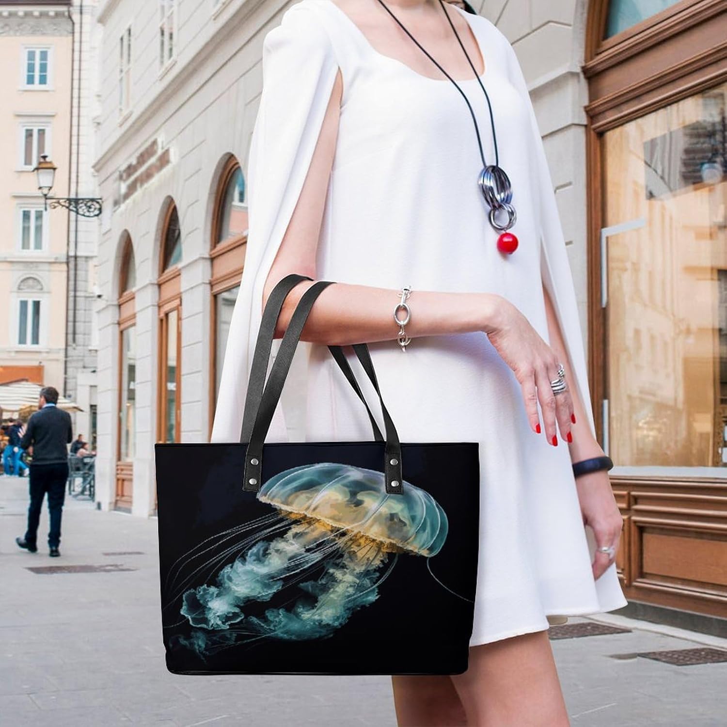Jellyfish Tote Bag Large Soft Leather Purse with Zipper Lightweight Ladies Shoulder Handbag