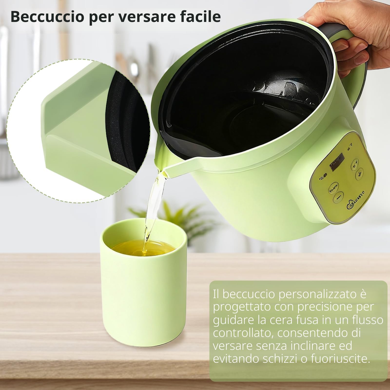 Bienslys Sciogliceera Elettrico 1,5L - Controllo temperatura 30-150°C - Rivestimento antiaderente - Beccuccio antigoccia - Per cera di soia, sapone e fai da te