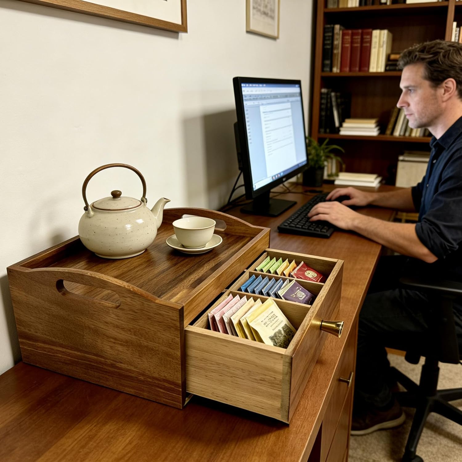 Acacia Wood Tea Bag Organizer, Wooden Storage Box with Drawer, Tea Caddy for Teabags, Teabag Holder Container Boxes for Countertop, Tea Bar Station Chest Display, Tea Accessories Gift