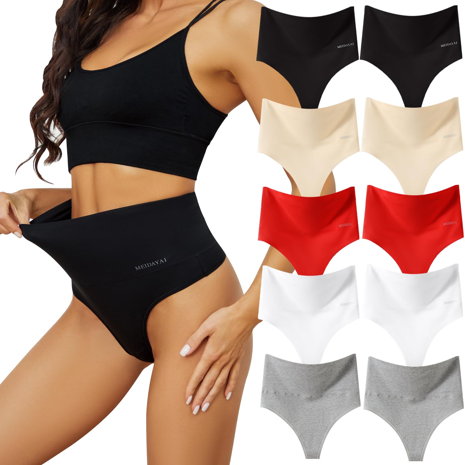 MEIDAYAI Thongs for Women High Waisted Tunmmy Control Underwear Soft Stretchy No Show High Rise Thong Panties 5