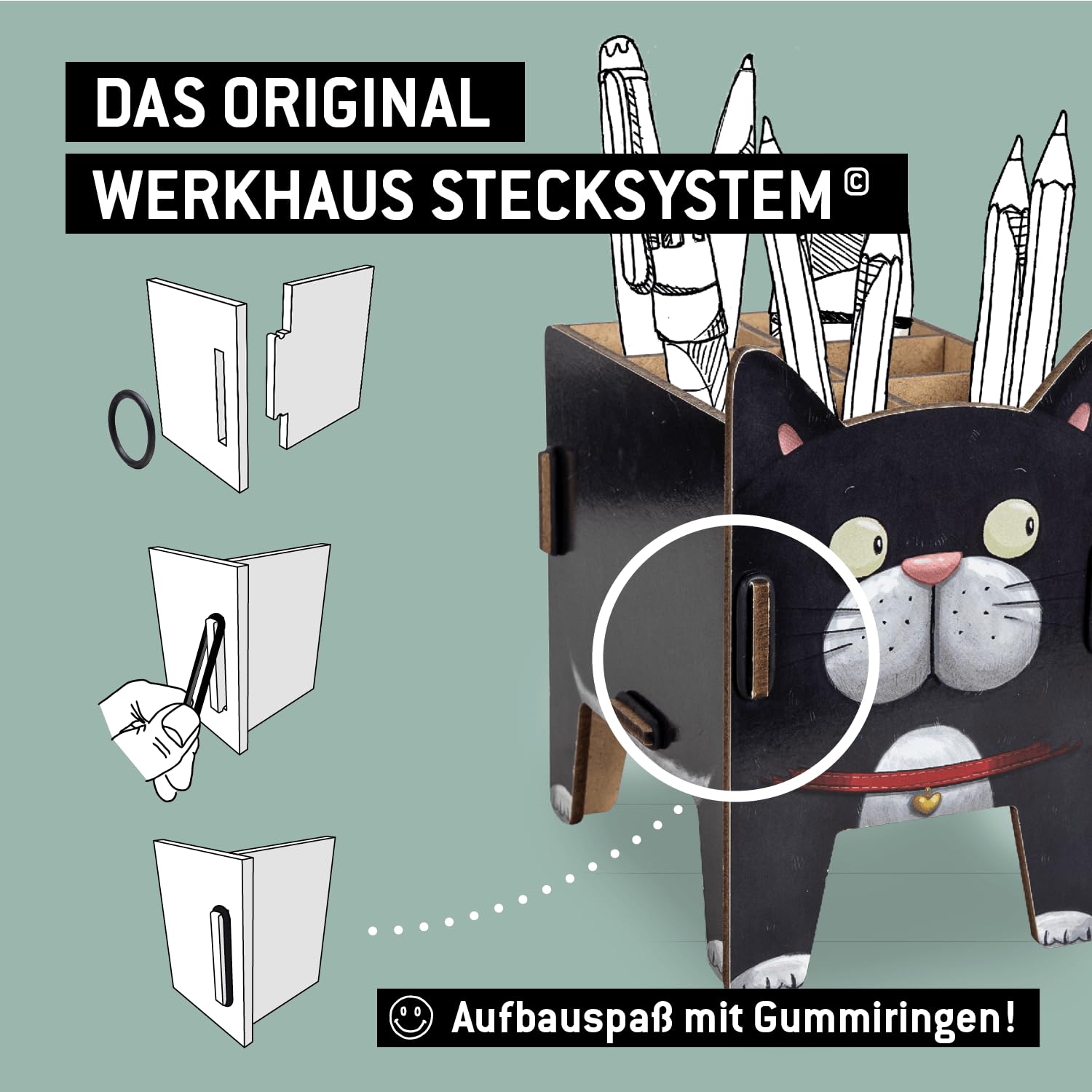 Werkhaus Twinbox PP 1943 – Spardose & Stiftebecher Als Katze In Schwarz, 11x11,5x8,5 Cm, Aus Holz Mit Stecksystem