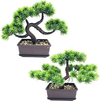 Artificial Bonsai Tree Artificial Bonsai Lifelike Artificial Plant Artificial Tree Bonsai Cedar Pine Japanese Decorative Plastic Artificial Plant with Pot for Bathroom Decoration Desktop Men Bathroom Office Windowsill Set of 2