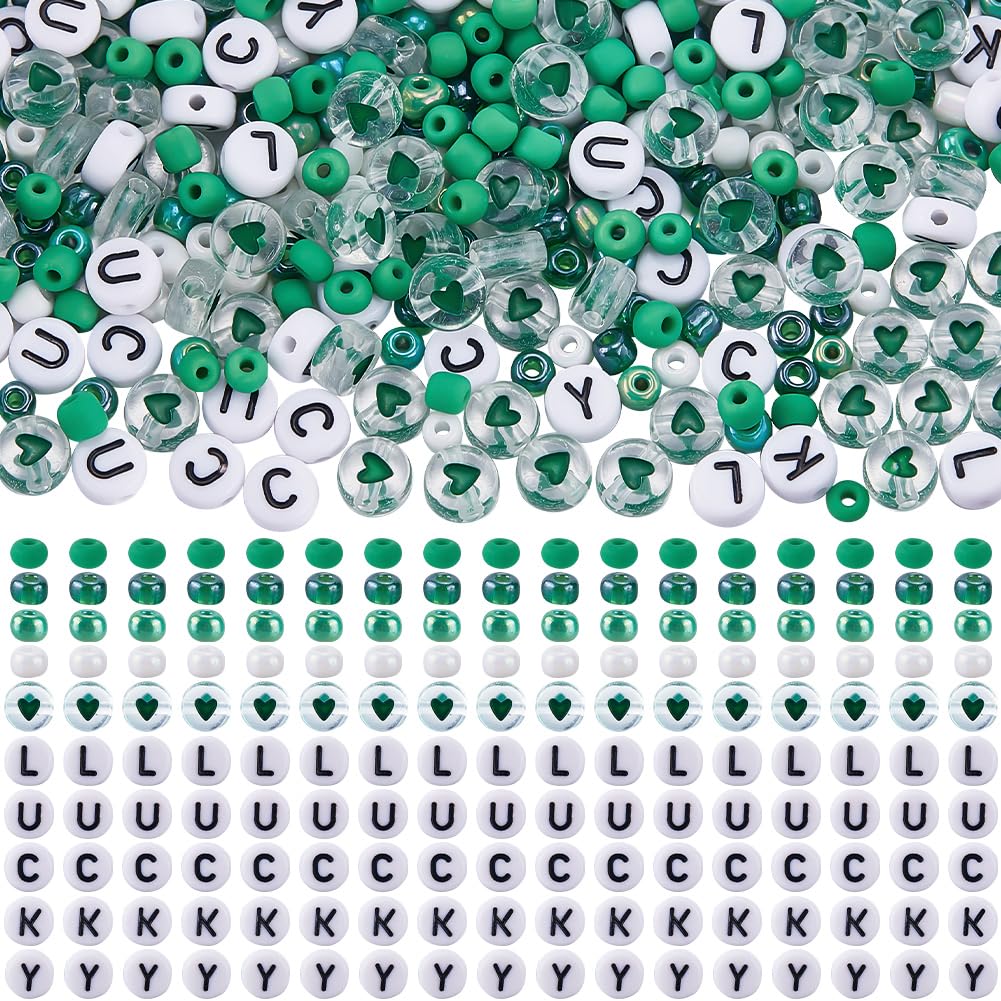 SOFPLATE 1650Pcs St. Patrick's Day Green Bracelet Bead Kit 4mm Glass Seed Beads Bracelet Making Kit Glass Beads with Lucky Letters for Jewelry Making Supplies DIY Holiday Bracelet Necklace Crafts