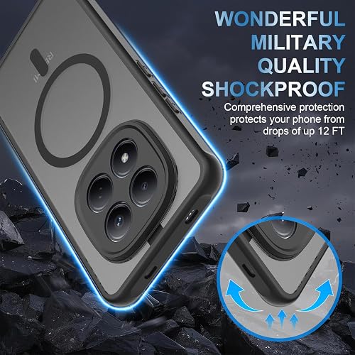 3 in 1 Cover Compatible with Xiaomi Redmi Note 15 Pro Plus 5G with 1 Tempered Glass and 1 Camera Glass, Suitable for Magnetic Mounts, Shockproof Translucent Matte Case, Black - 6
