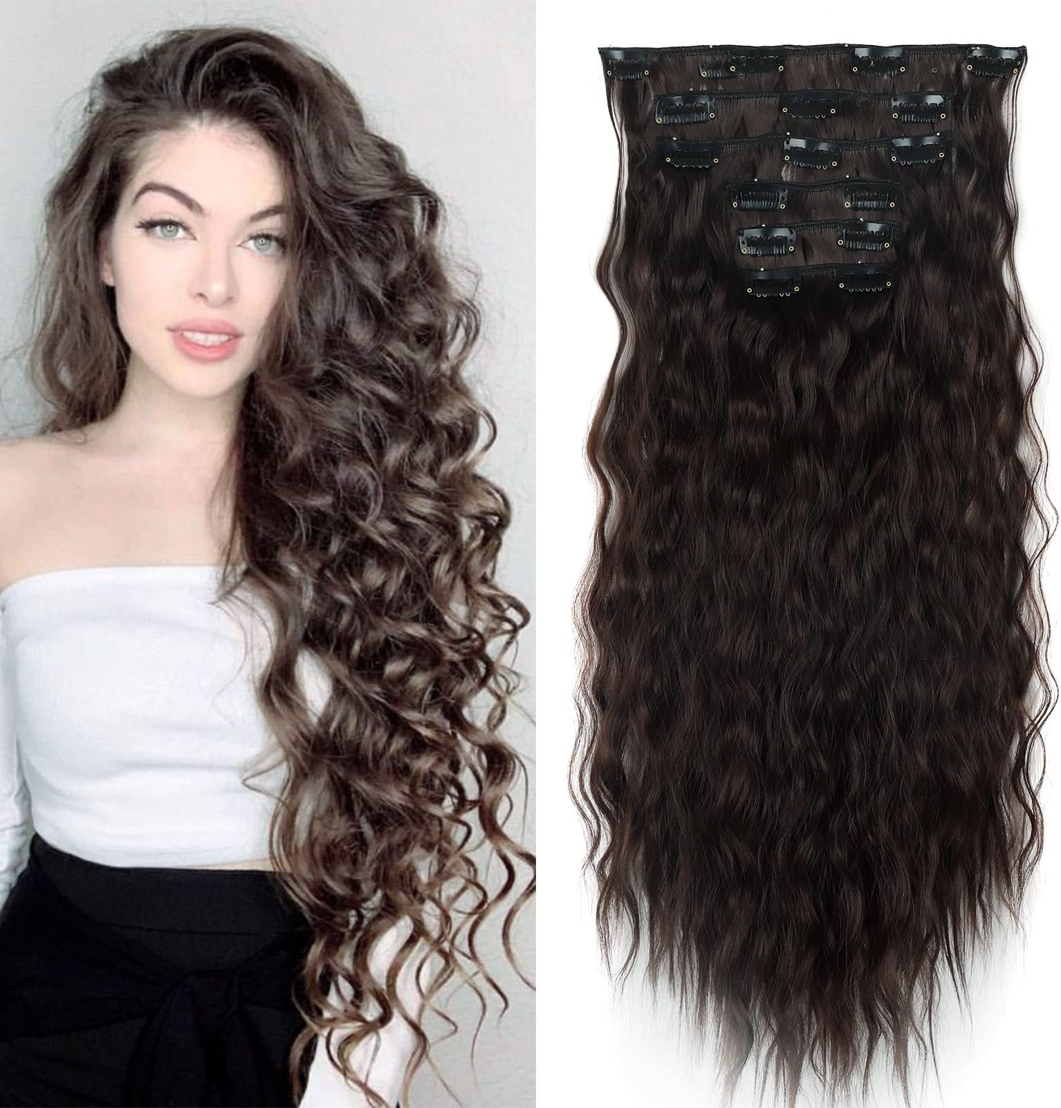 Clip in Hair Extensions Curly Wavy Long Hair Pieces 6PCS Full Head Synthetic Hair Extension Thick Natural Look for Women, 20 Inches 140g, Medium Brown