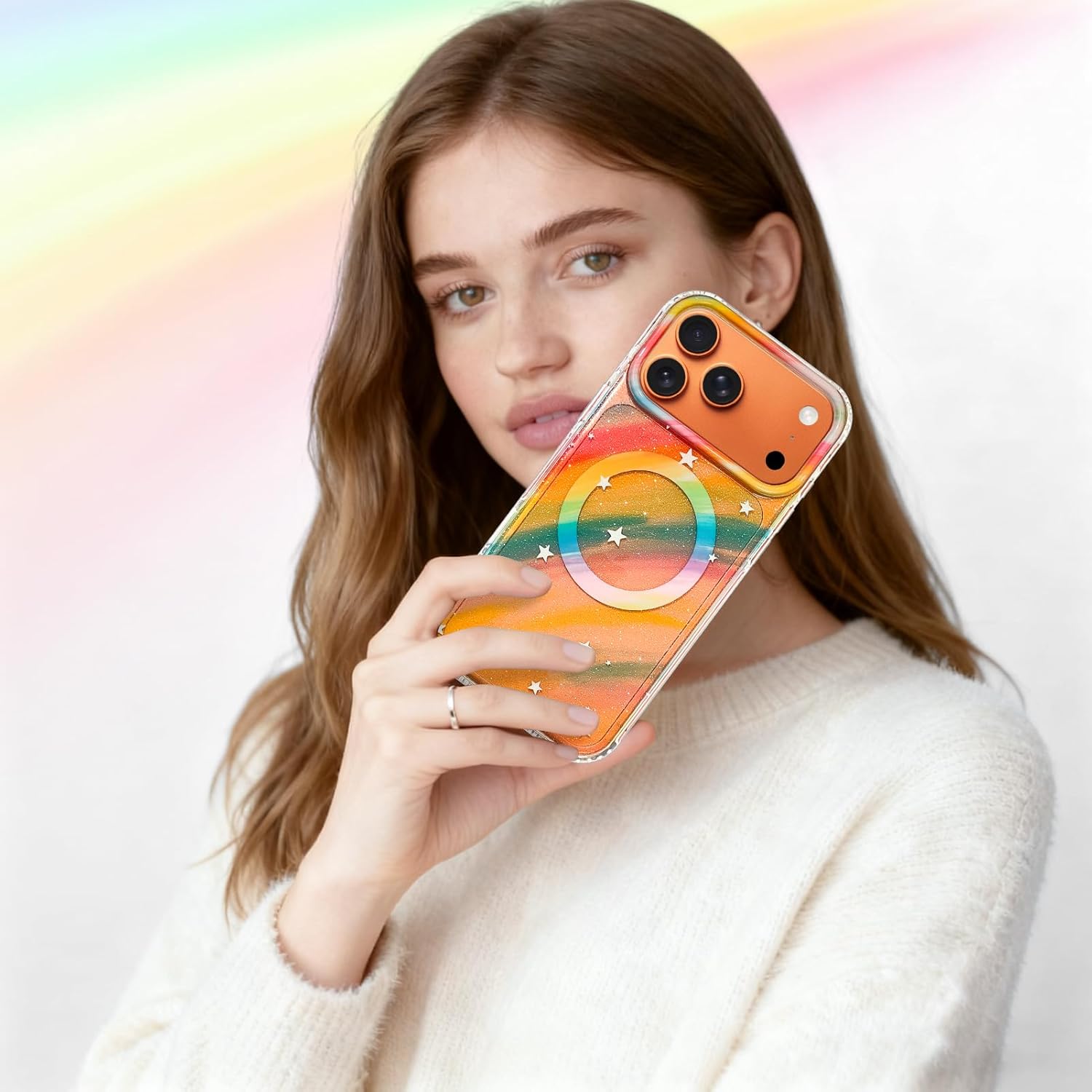 Bonoma Magnetic Case for iPhone 17 Pro Max [Compatible with Magsafe], Cute Fashion Fluorescent Glitter Design, Camera Protection Sparkly Bling Phone Cover for Women Girls 6.9 ich,Rainbow
