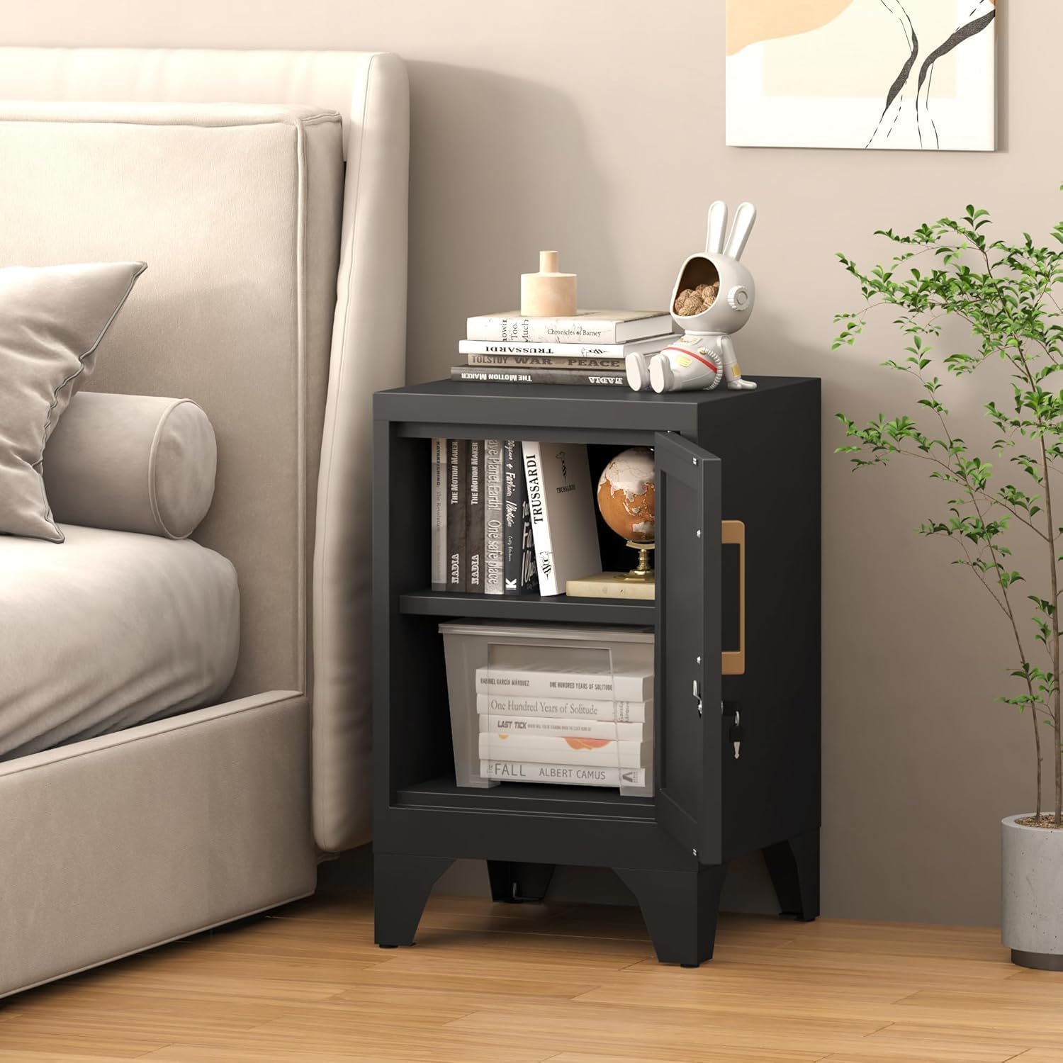 23.6" H Black Metal Locker Nightstand with 1 Lockable Door and 1 Adjustable Shelf, Small Storage Cabinet with Detachable Legs and Vintage Handle for Home Office,Living Room or Bedroom,Easy Assembly