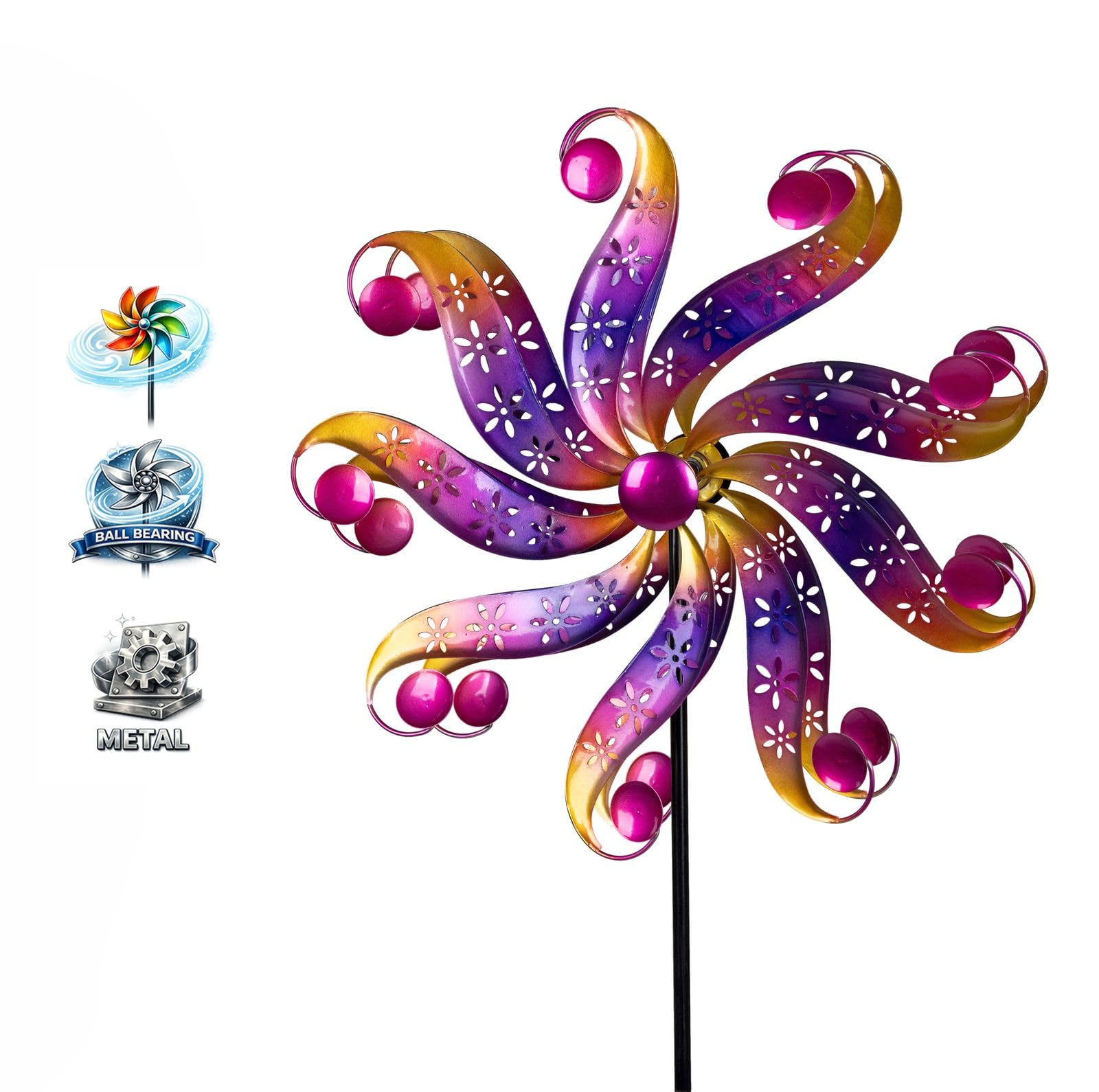 formano Windrad Blume Garten Metall bunt kugelgelagert Windspiel Ø 30/122 cm mit Acryl-Steinen & Erdspieß | Wetterfeste Gartendeko für Beet, Rasen & Terrasse | Vogelabwehr
