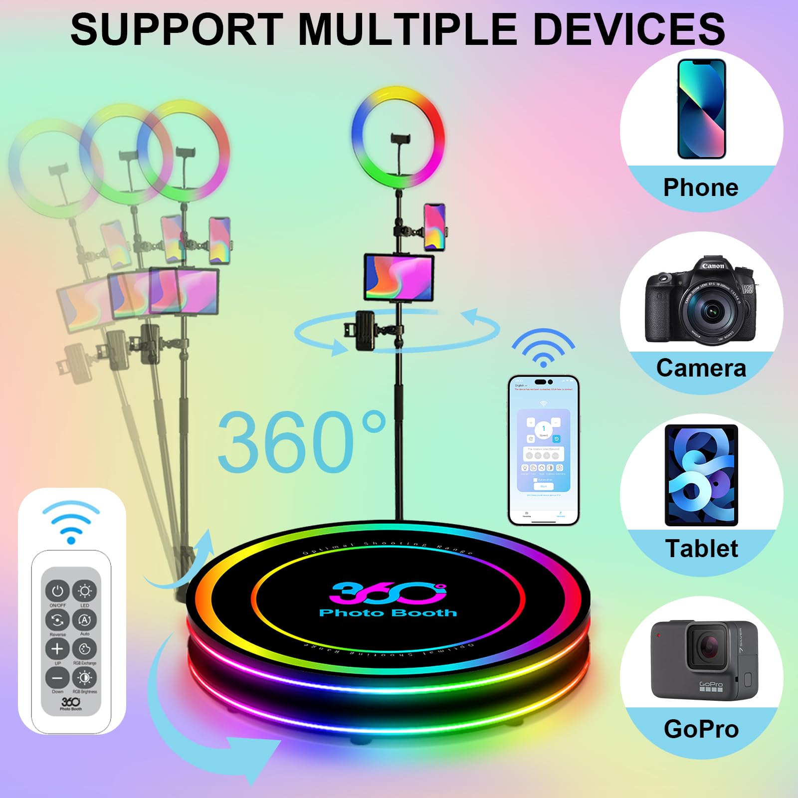Máquina de Fotomatón 360, con Control de Aplicación Y Control Remoto, Estudio de Iluminación Circular RGB, Logotipo Personalizado Gratuito, 360 Video Camera Booth, con Caja de Vuelo (100 Cm)