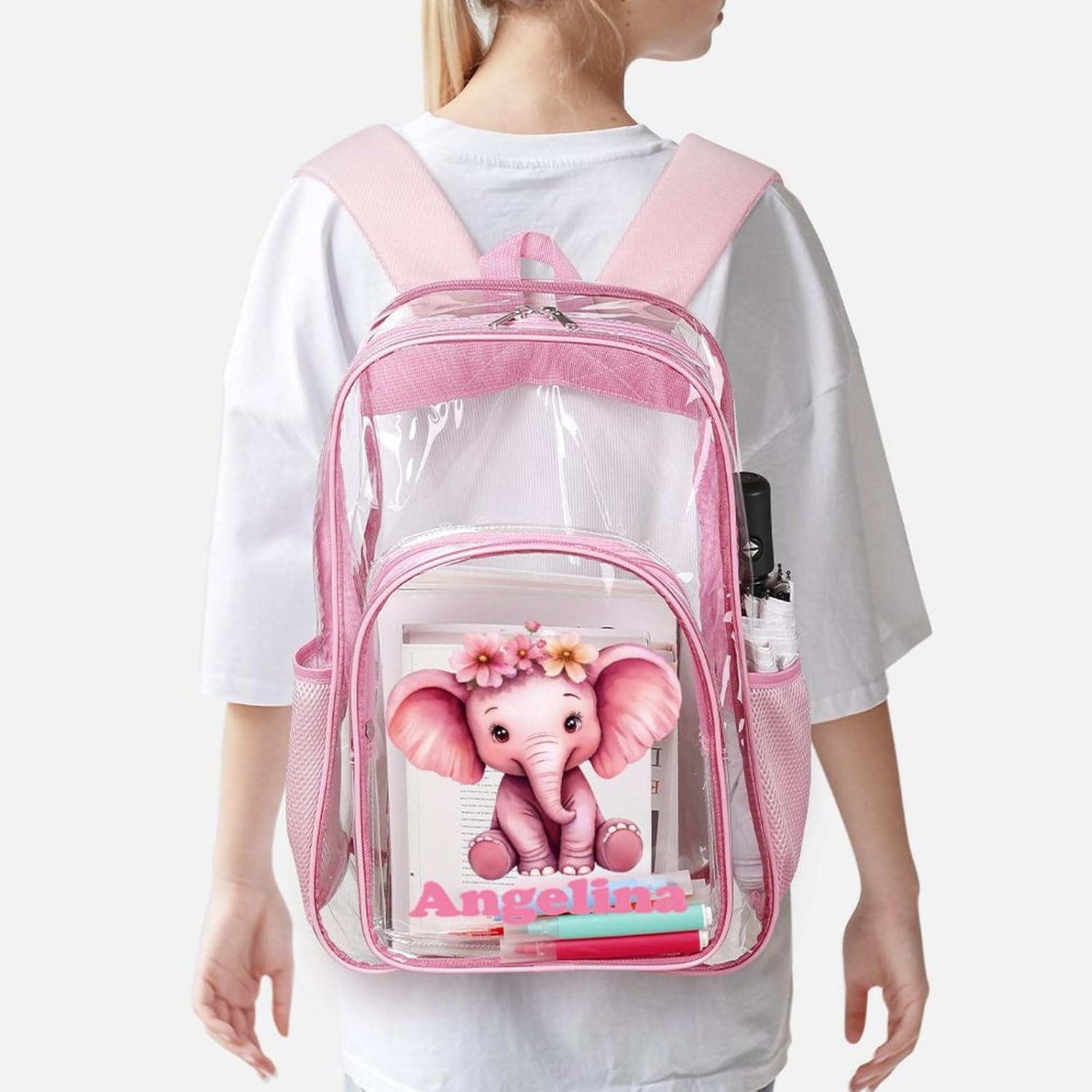 Personalized Pink Flower Elephant Clear Backpack PVC See Through Transparent Backpack for Girls Women with Name Reinforced Strap & Large Capacity Back to School Gifts - Clear/Pink