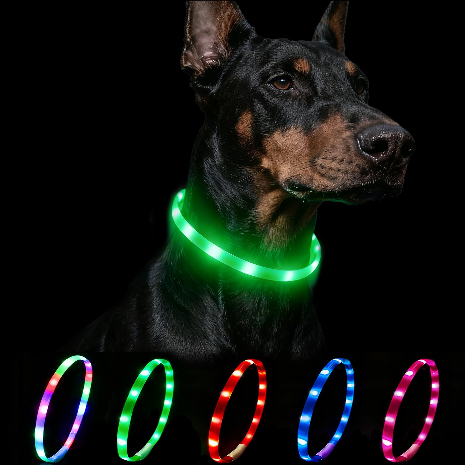 Nepfaivy Light Up Dog Collar - Flashing Dog Collar Lights for The Dark, Rechargeable LED Collars with 4 Glow Modes for Small Medium and Large Dogs, 70cm, Green