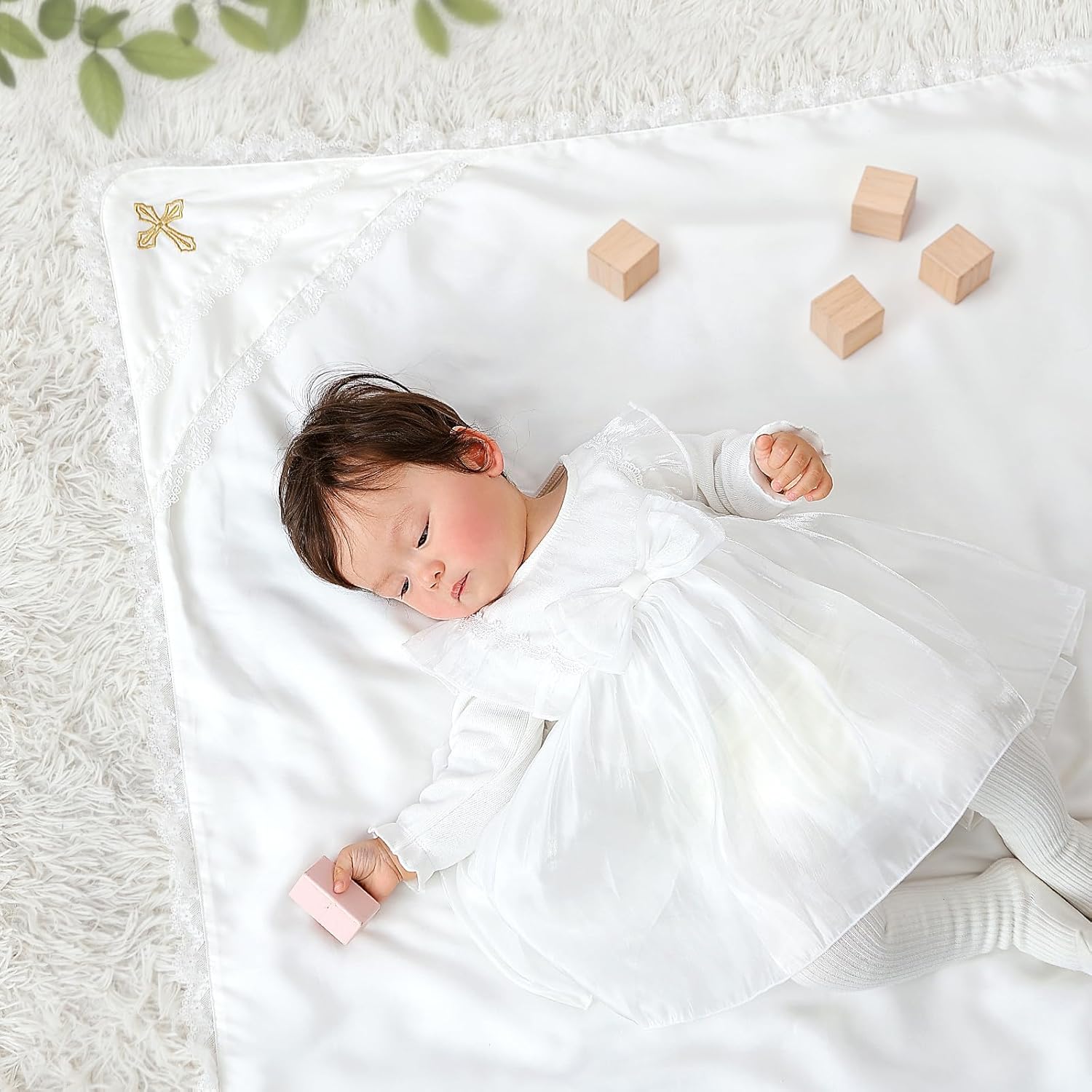 Tencel Baptism & Christening Baby Blanket – Soft Lyocell Heirloom Blanket with Delicate Lace Trim and Gold Cross Embroidery, 39.4×39.4 in, Elegant Religious Keepsake for Boys & Girls