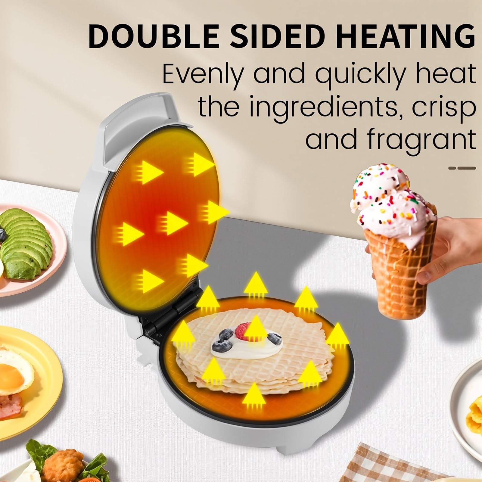 Macchina Per Coni Per Waffle Elettrica Da 1000 W, Macchina Per Coni Gelato Con Stampi Per Gelato E Rivestimento Antiaderente, Macchina Per Waffle A Bolle Di Riscaldamento Su Entrambi I Lati Per Feste