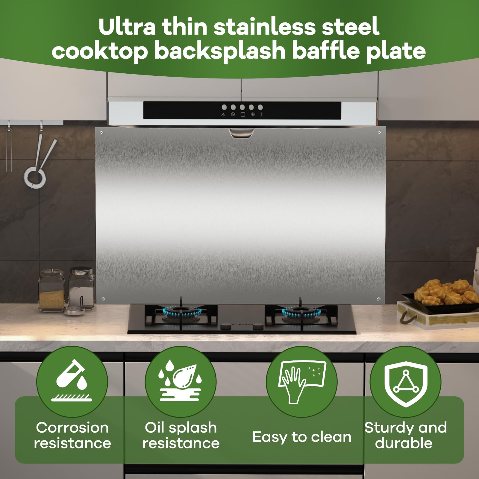 Ultra-Thin & Reversible Stainless Steel Stove Backsplash Panel, 24" x 30" Splatter Guard for Kitchen Wall & Range Hood | Easy Installation with Pre-Drilled Holes & Mounting Screws Included - 3