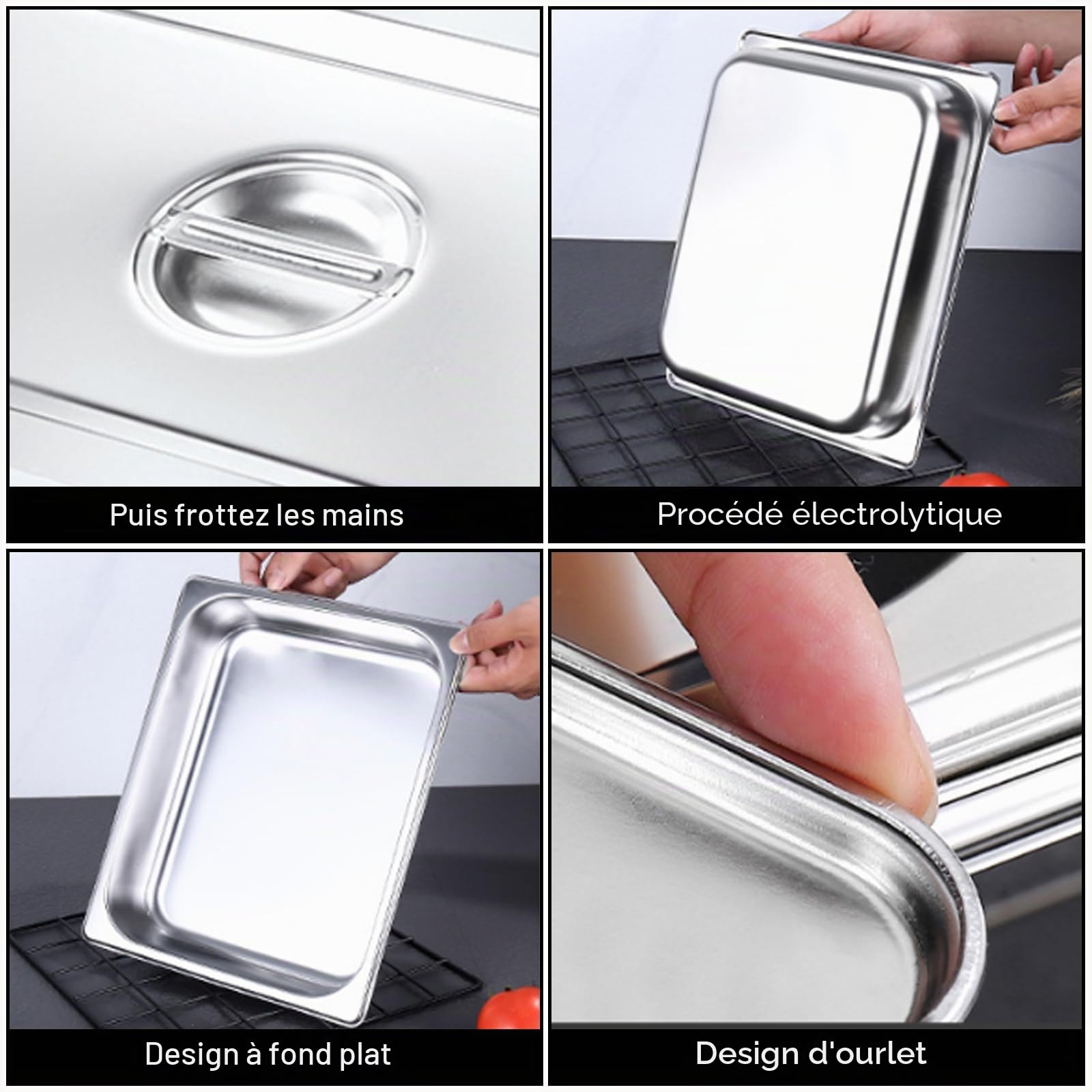 GOMETY Lot de 3 bols à panure, récipients GN 1/3 en acier inoxydable avec couvercle, lot de 3 bols pour paner, idéal pour les plats et les plats à frire 32,5 x 17,6 x 6,5 cm