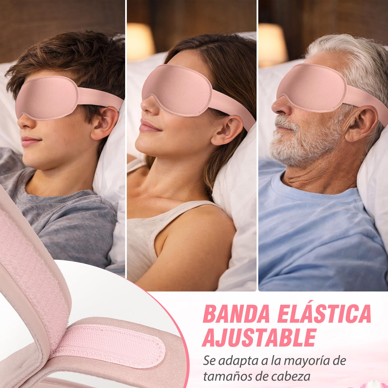 GRIFEMA Antifaz para Dormir 100% Opaco, Máscara de Dormir 3D Sin Presión Ocular, Antifaz Ultrasuave con Correa Ajustable para Dormir de Lado y Viajar, Hombre y Mujer, Rosa