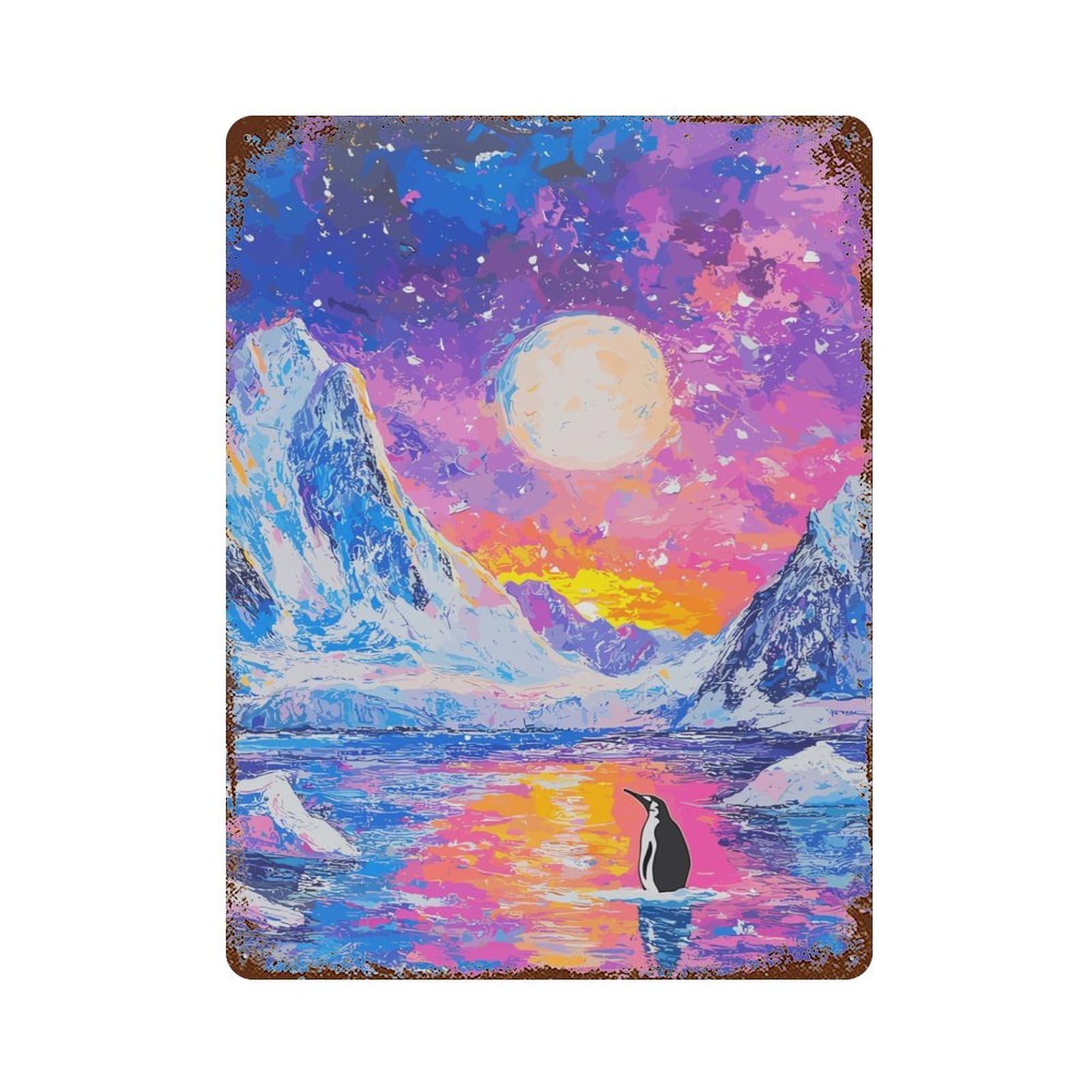 Vintage Rust Metal Sign Lonely Penguin Sunset 15.7"x11.8", Shabby Chic Decor for Cafe, Home Bar And Lounge Decor