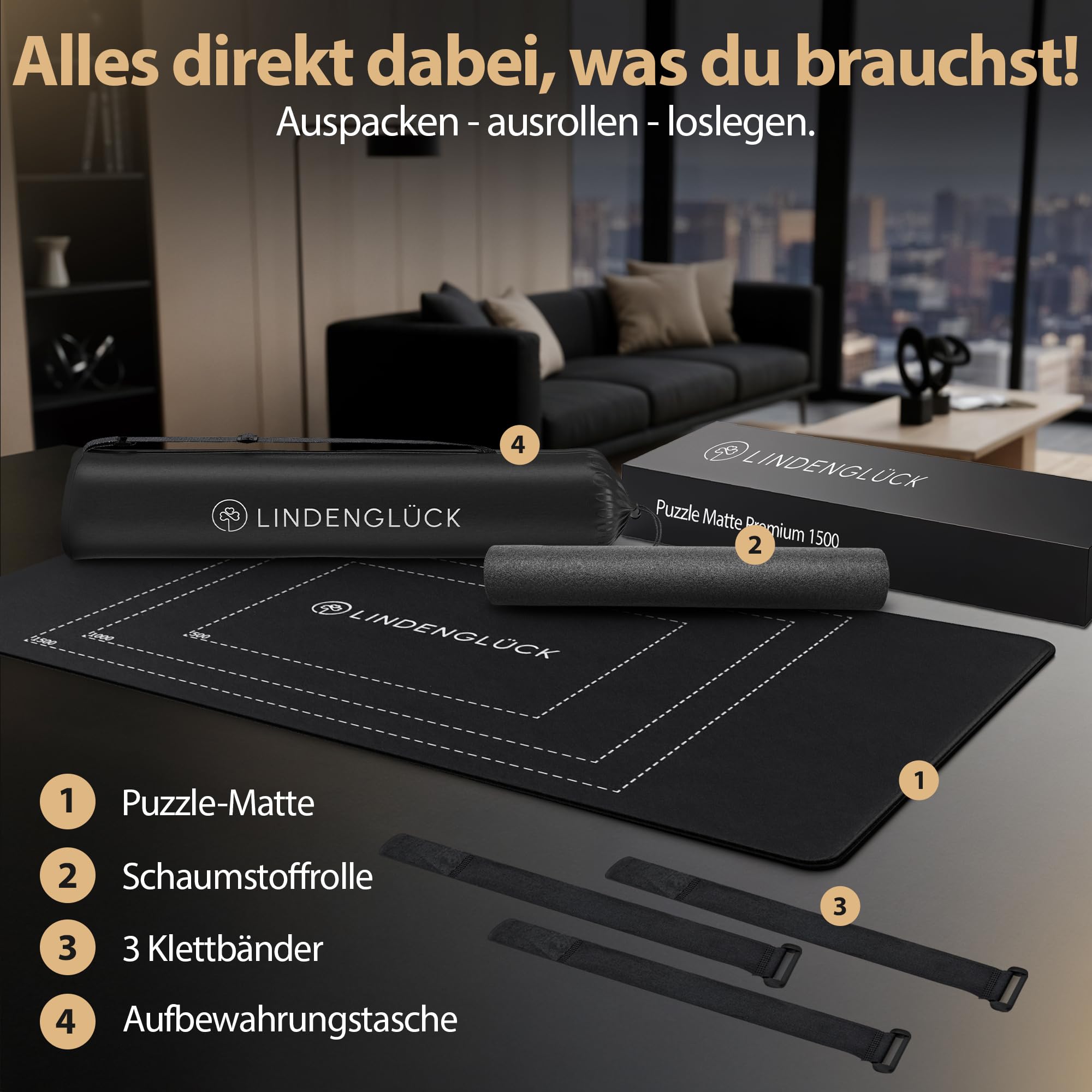 Puzzlematte 1500 Teile Premium - [EasySlide Oberfläche] - Aufrollbare Puzzleunterlage mit exakten Markierungen für 500 1000 & 1500 Puzzleteile - Puzzle Zubehör inkl. Aufbewahrungstasche & Puzzlerolle
