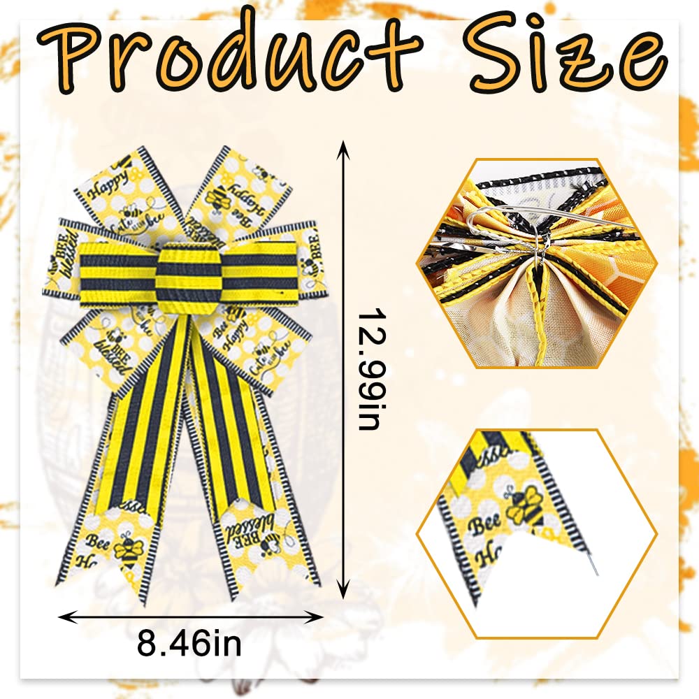 2pcs Bee Festival Wreath Bows Yellow Black Strips Bumble Bee Bow Burlap Spring Bows for Wreaths, Bee Ribbon Bows Tree Topper Bows for Bee Day Home Indoor Outdoor Decoration Wreath Ornament Supplies