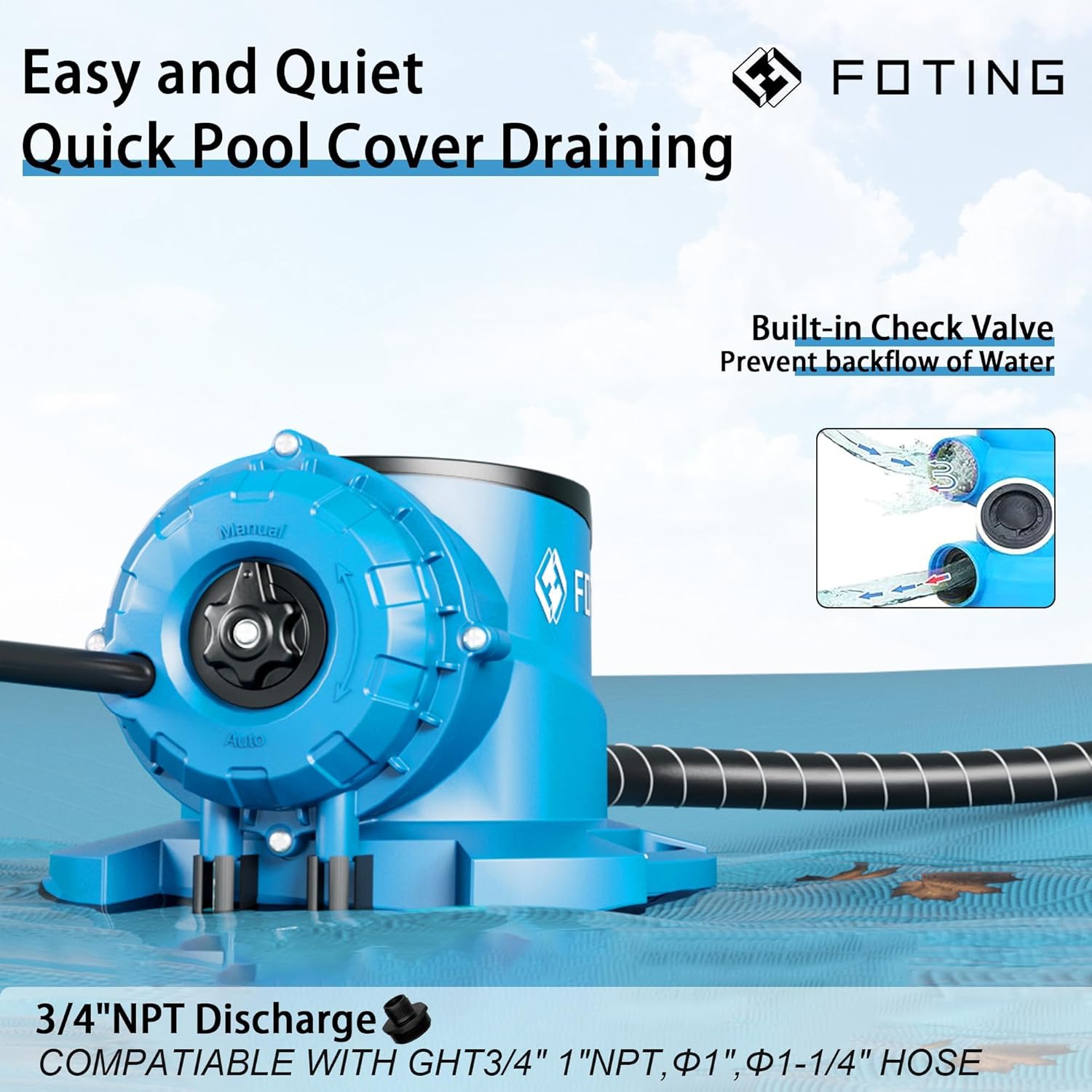 FOTING Pool Cover Pump, Automatic Swimming 2250 GPH Submersible Water Pump, Water Removal with 3/4”Check Valve Adapter & 25ft Power Cord, Drainage for Ponds, Rooftops, Water Beds