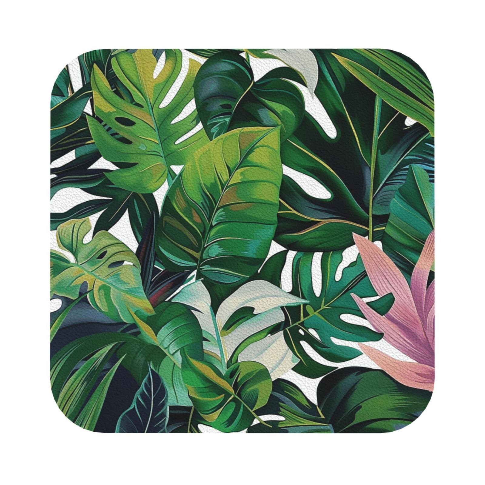 Tropical Leaves Print Leather Coaster Set of 6, Square Coasters Table Decorative Coffee Cup Beverage Coasters Wine Beer Bar Coasters for Hot Drinks Table Protection