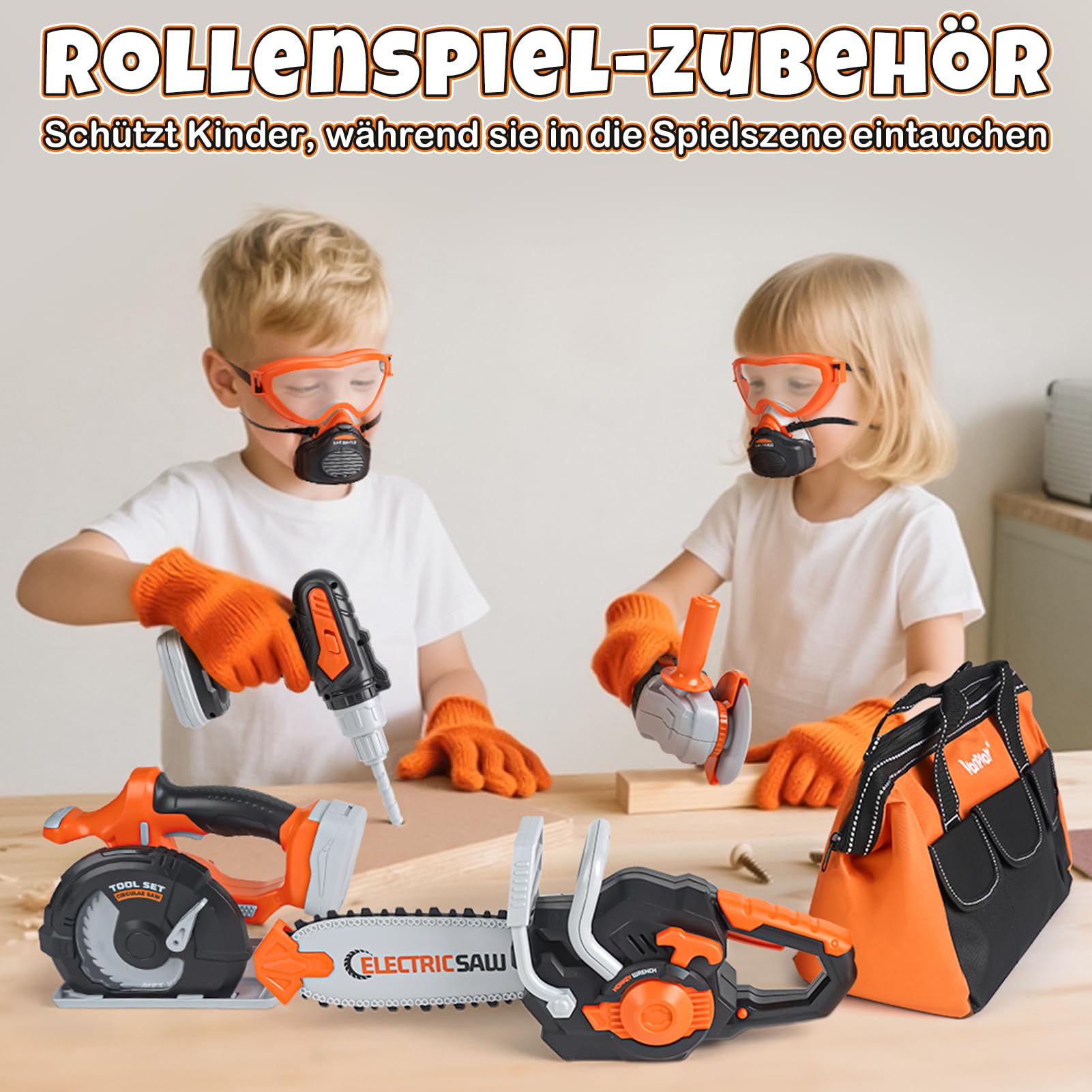 Vanplay Werkzeugkoffer Kinder Luxusmodell, Spielzeug Geschenk Junge Kinder ab 3、4、5 Jahren mit Elektrobohrmaschine Kettensäge Winkelschleifer Kreissäge, Aufbewahrungstasche