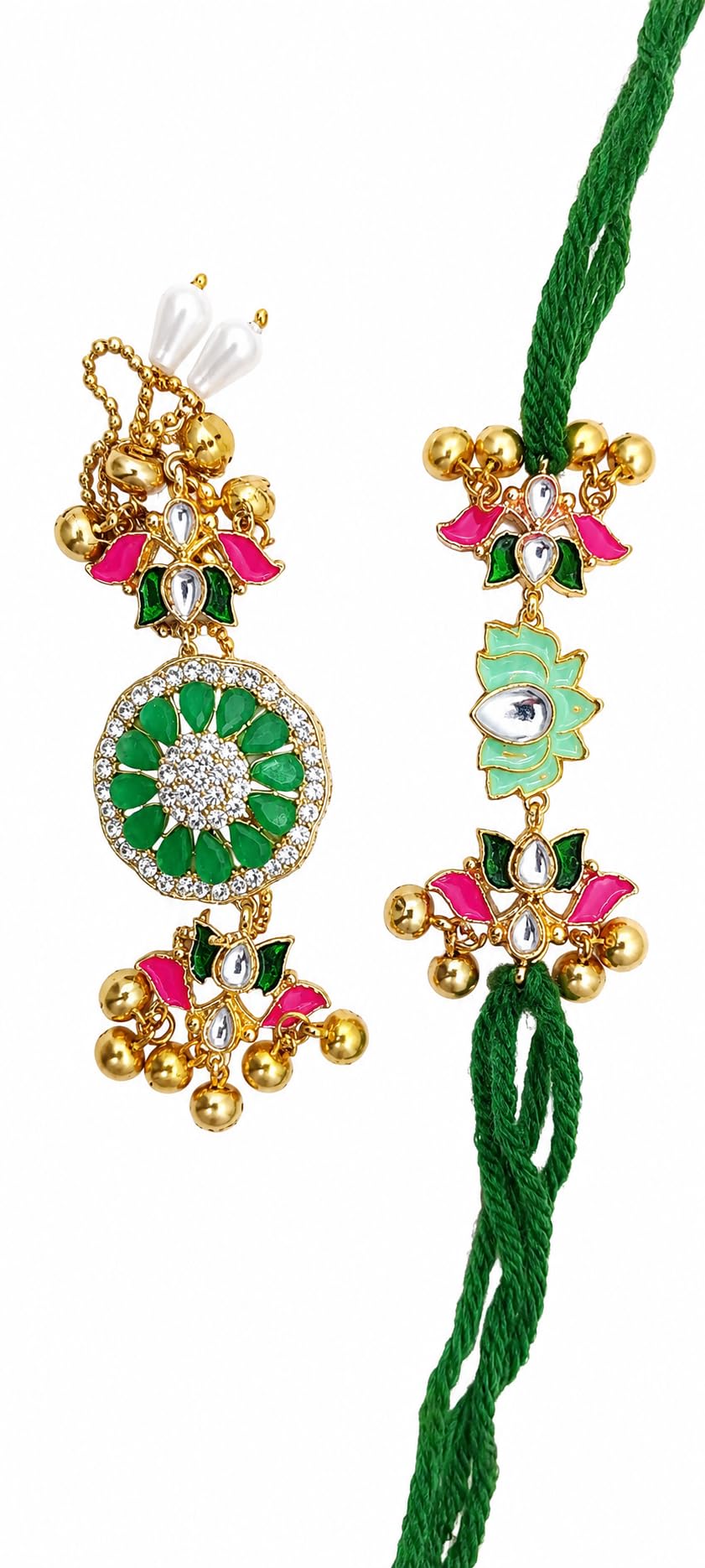 LAXORA Presents Bhaiya Bhabhi Rakhi Set Kundan Meenakari Floral diamond emerald rakhi for bhaiya and Floral mennakari Lumba for bhabhi | traditional designer detailing kundan meenakari work rakhi combo set of 2 |