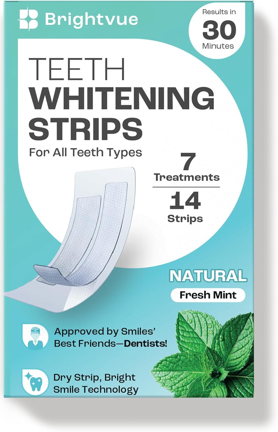 Natural Teeth Whitening Strips, 7-Day Treatment, Mint Flavor - 30-Minute Express, for All Teeth Types, Less Sensitivity, Enamel-Safe Formula Natural Fresh Mint