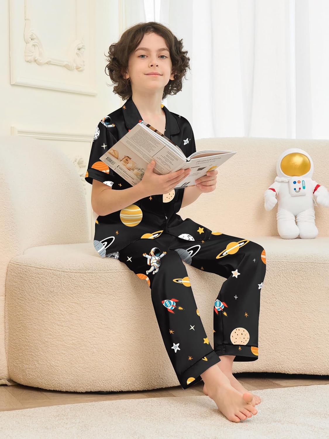 Umeyda Boys Silk Pajamas Sets Short Sleeve Sleepwear 3 Piece Pjs Set - Image 5