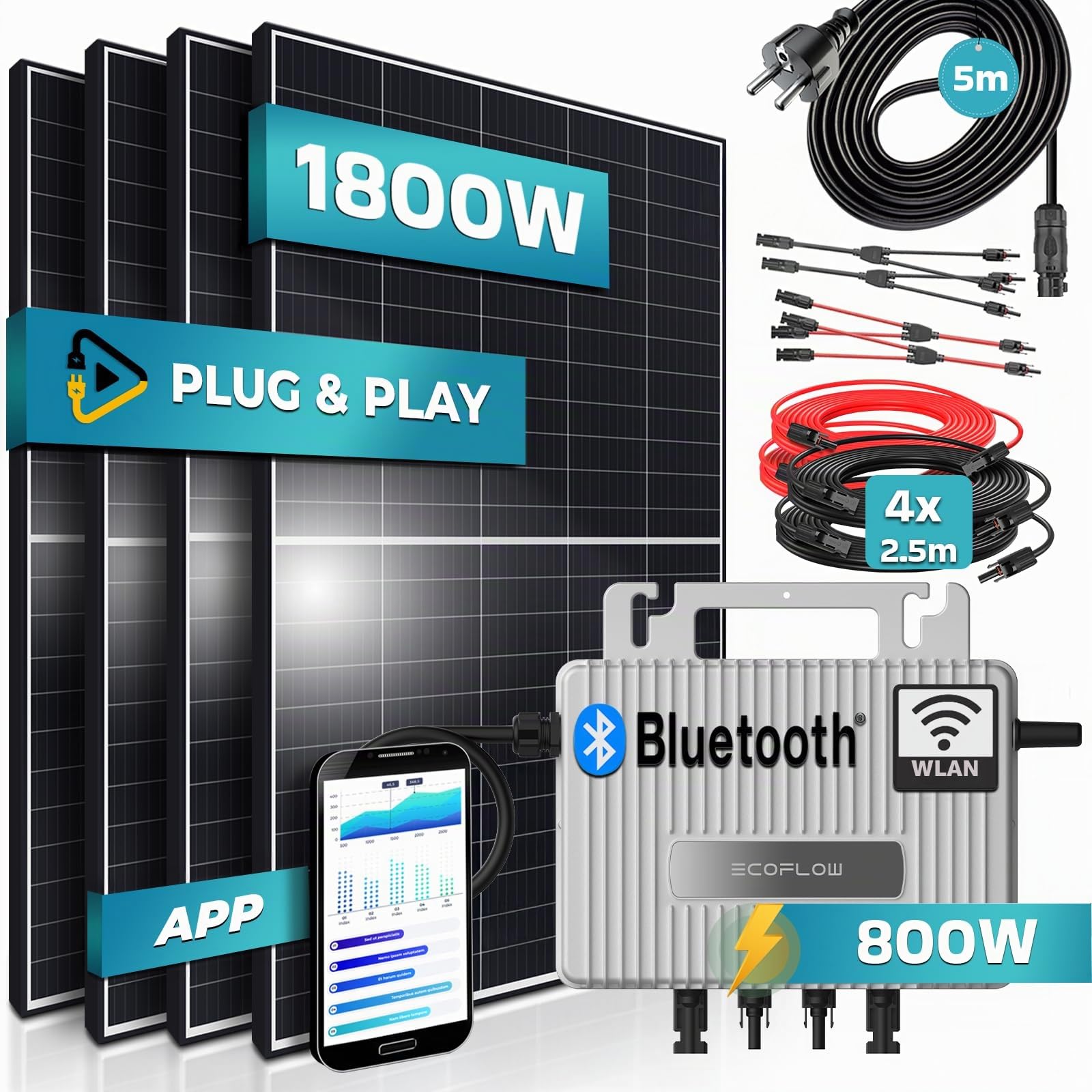 SUNNIVA® 1800W Balkonkraftwerk 800W komplett Steckdose - Ecoflow Stream 800W Wechselrichter - PV Solaranlage Komplettset - 4x 450W (1800W) Solarmodule - inkl. 5m Kabel - Bluetooth, WIFI