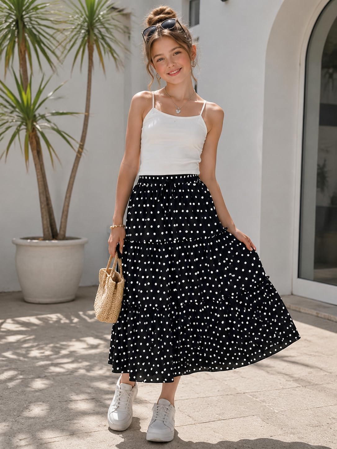 9-16Y Girls Maxi Skirt High Waist Pleated Ruffle Flowy Polka Dots Long Skirts